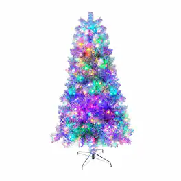 RYHNUYNE - 6FT Pre-Lit Artificial Christmas Tree, 800 Branch Tips 300 LED Lights 11 Lighting Modes Hinged Metal Stand - Silver