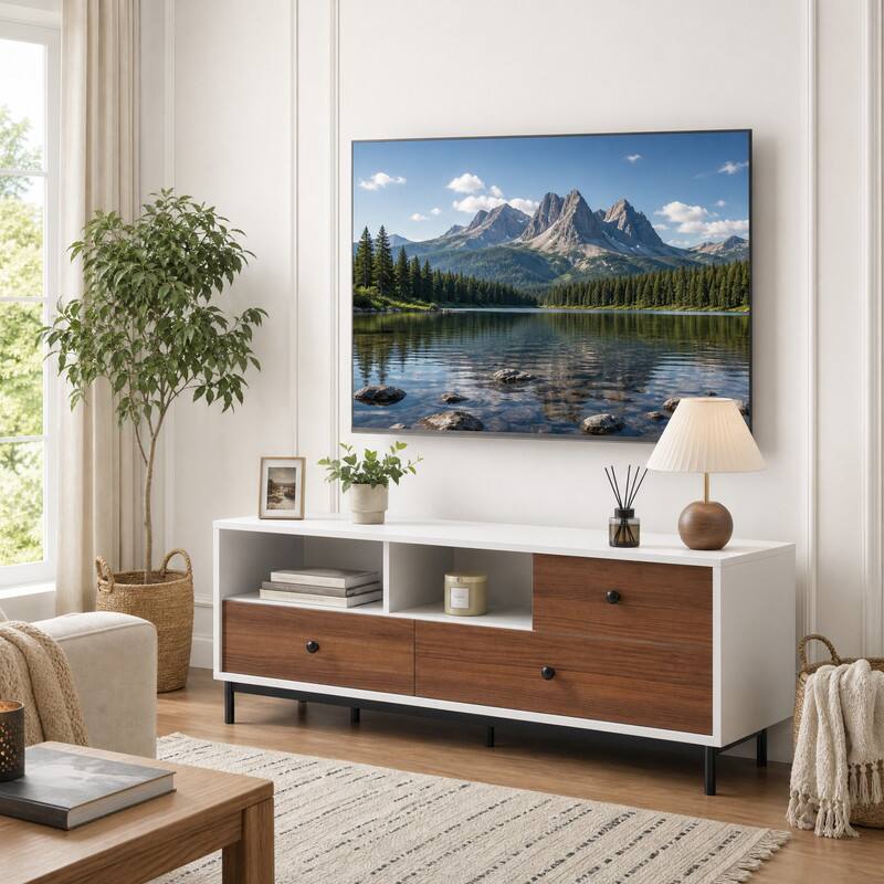 Angle. WELLFOR - Mid-Century TV Stand for 50-inch TVs , Entertainment Center Media Console Table with 2 Cubbies and 3 Drawers - White& Brown.