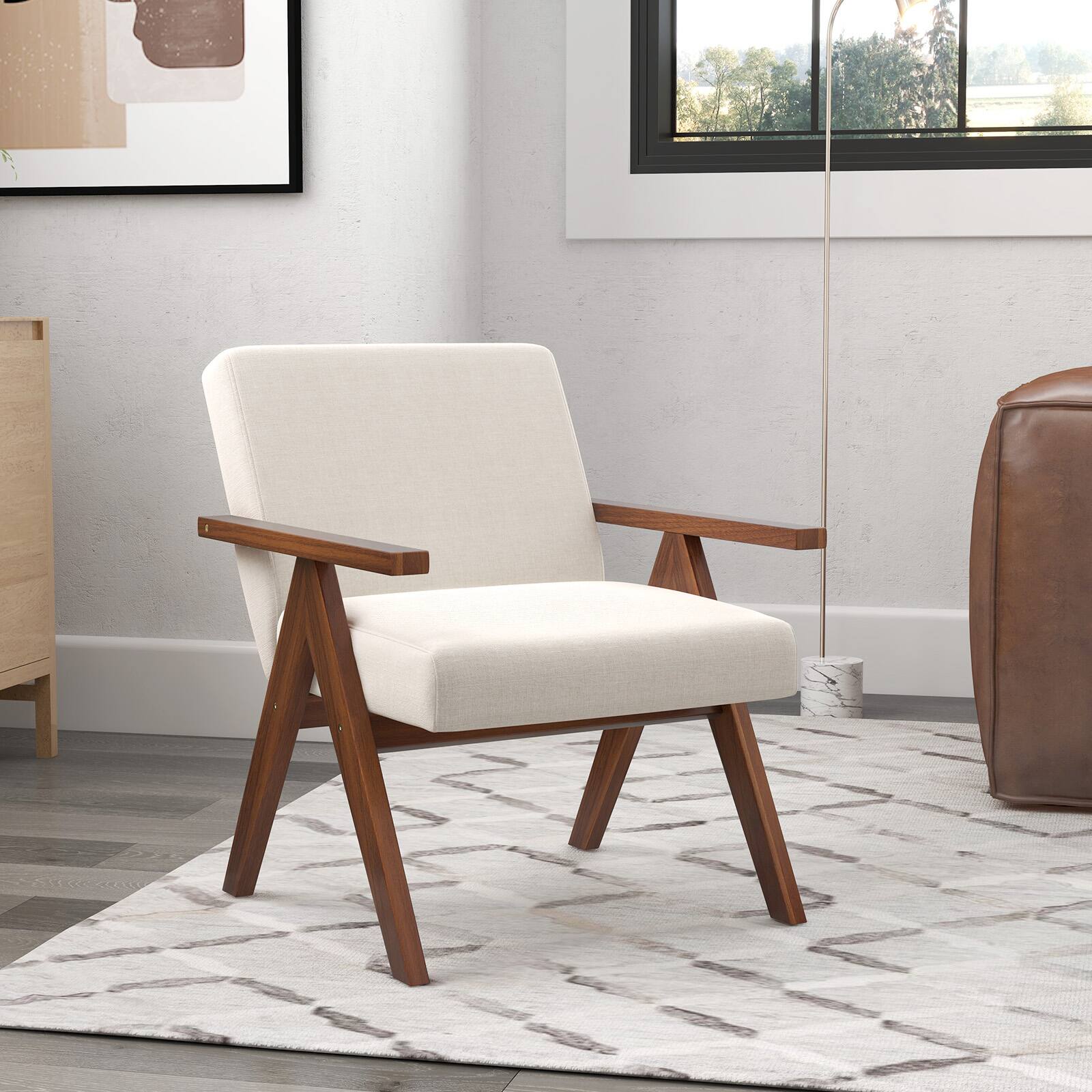 Alt View 3. Ecooso - Modern Accent Chair with Linen Fabric Armchair and Solid Acacia Wood Frame - Beige.
