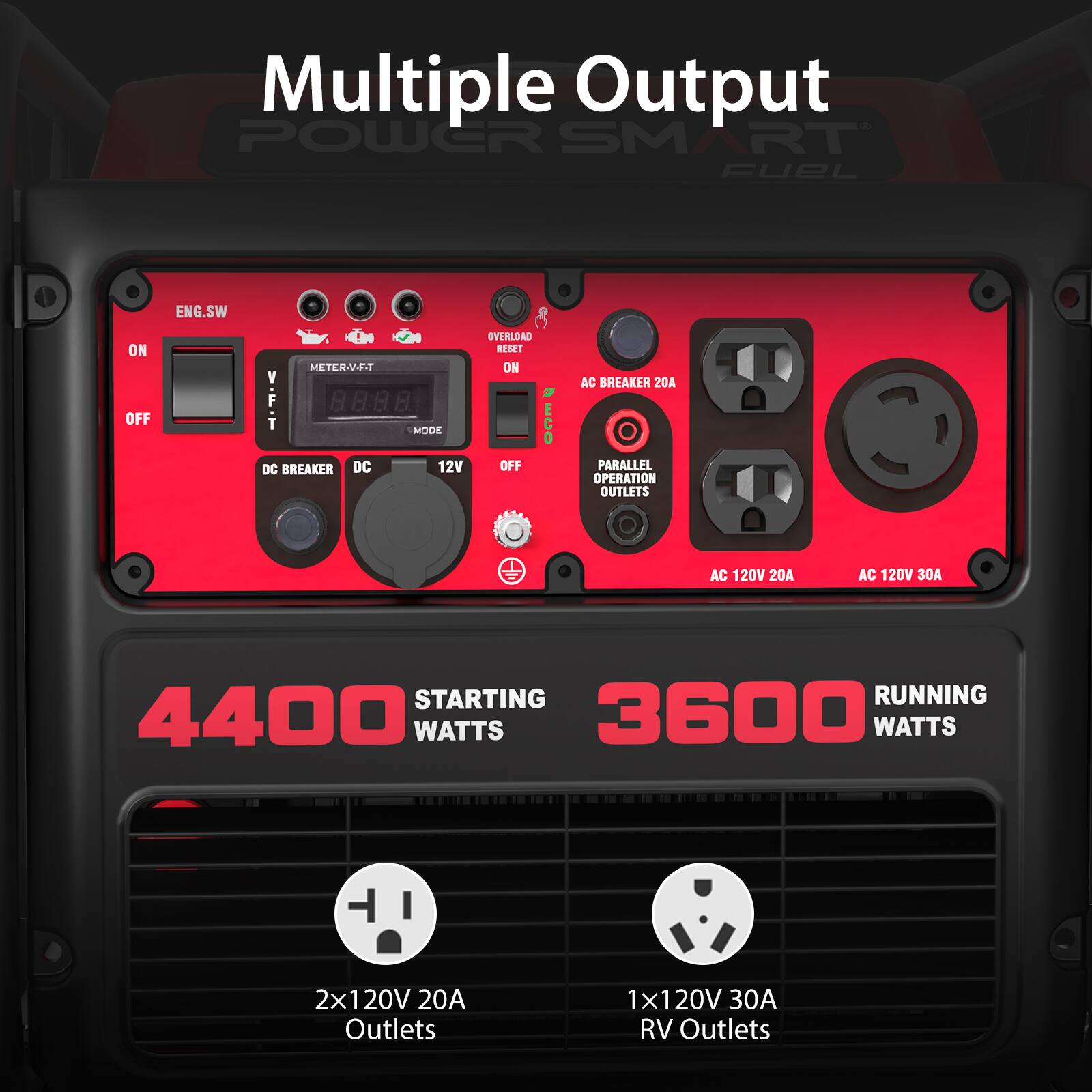 Multiple Output  
POWER SMART FUEL  
ENG.SW ON OFF  
METER.V.F.T  
V.F.T 8888  
MODE  
DC BREAKER DC 12V  
OVERLOAD RESET ON OFF  
AC BREAKER 20A  
PARALLEL OPERATION OUTLETS  
AC 120V 20A  
AC 120V 30A  
4400 STARTING WATTS  
3600 RUNNING WATTS  
2x120V 20A Outlets  
1x120V 30A RV Outlets