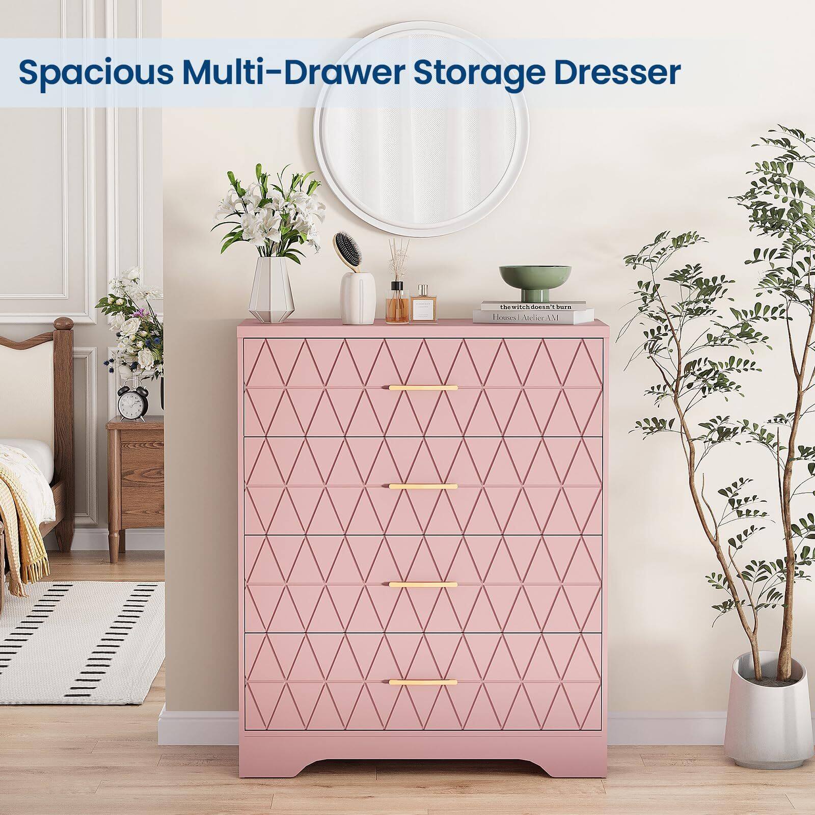 Alt View 3. Acekool - 4 Drawer Wooden Dressers for Bedroom, Wood Chest of Drawers with Gold Handles for Closet - Pink.