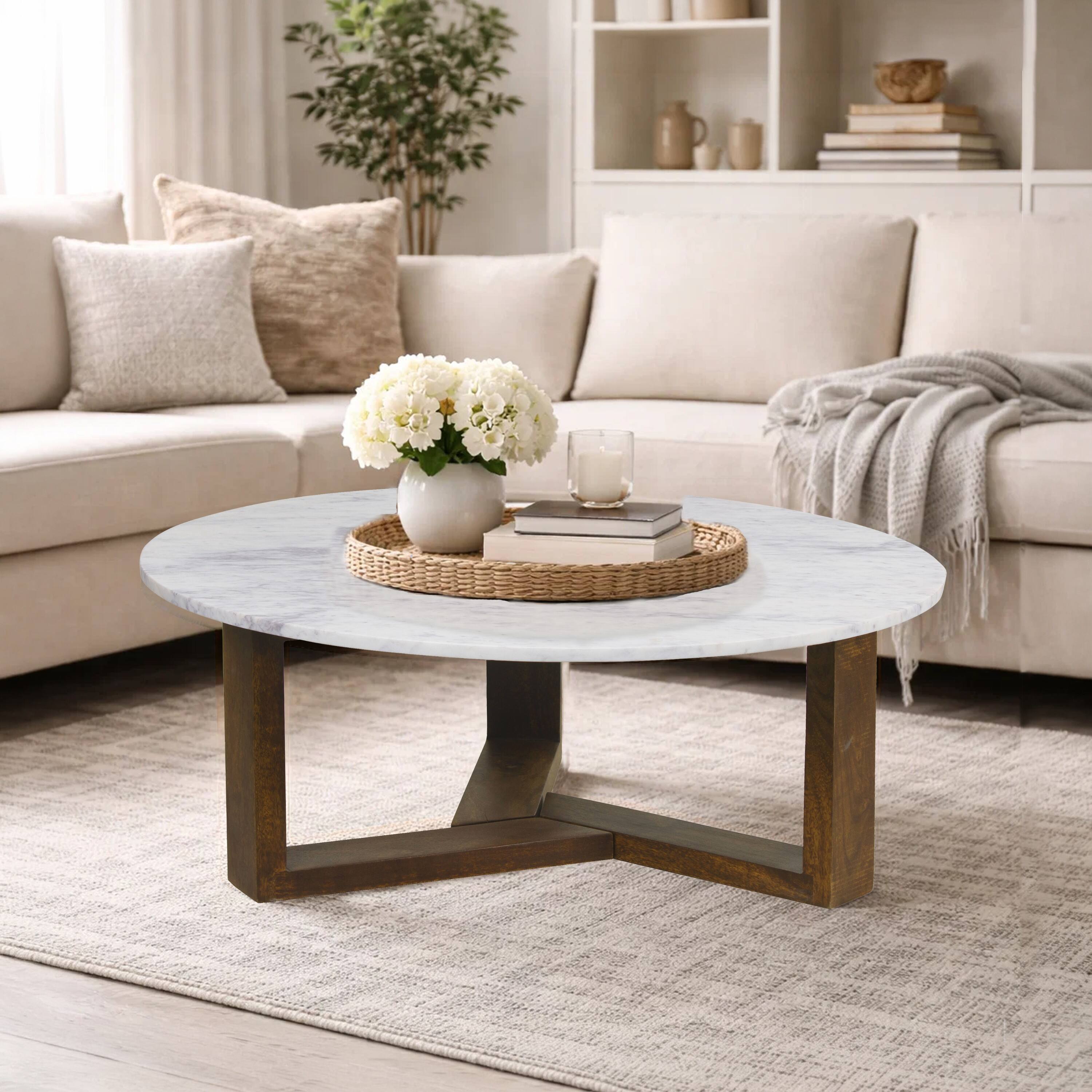Alt View 8. Manhattan Lane - Fina 38 Inch Round Coffee Table, White Genuine Marble Top, Natural Brown Mango Wood 3 Leg Sled Base - White, Natural Brown.