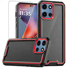 Equipd - Case for Moto G Play 2026 / G 2026 / G 2025 (6.7") Rugged Dual Layer Shockproof Cover w/ Tempered Glass Screen Protector - BlackRed