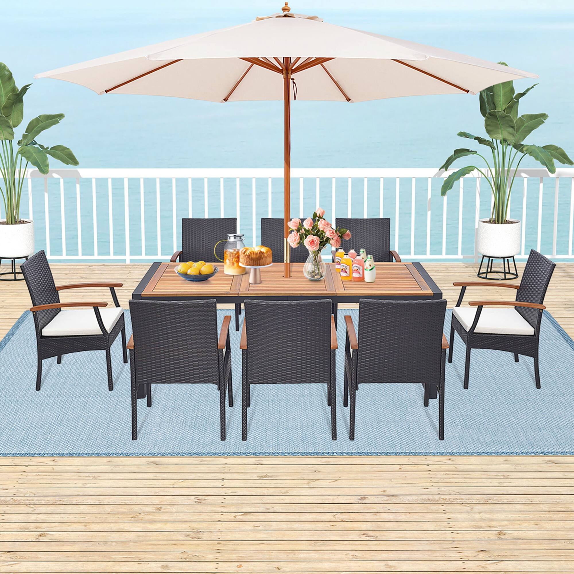 Alt View 1. Costway - 9 Pieces  Patio Rattan Dining Set with Acacia Wood Table, 1.9" Umbrella Hole - Mix Brown + Off White.