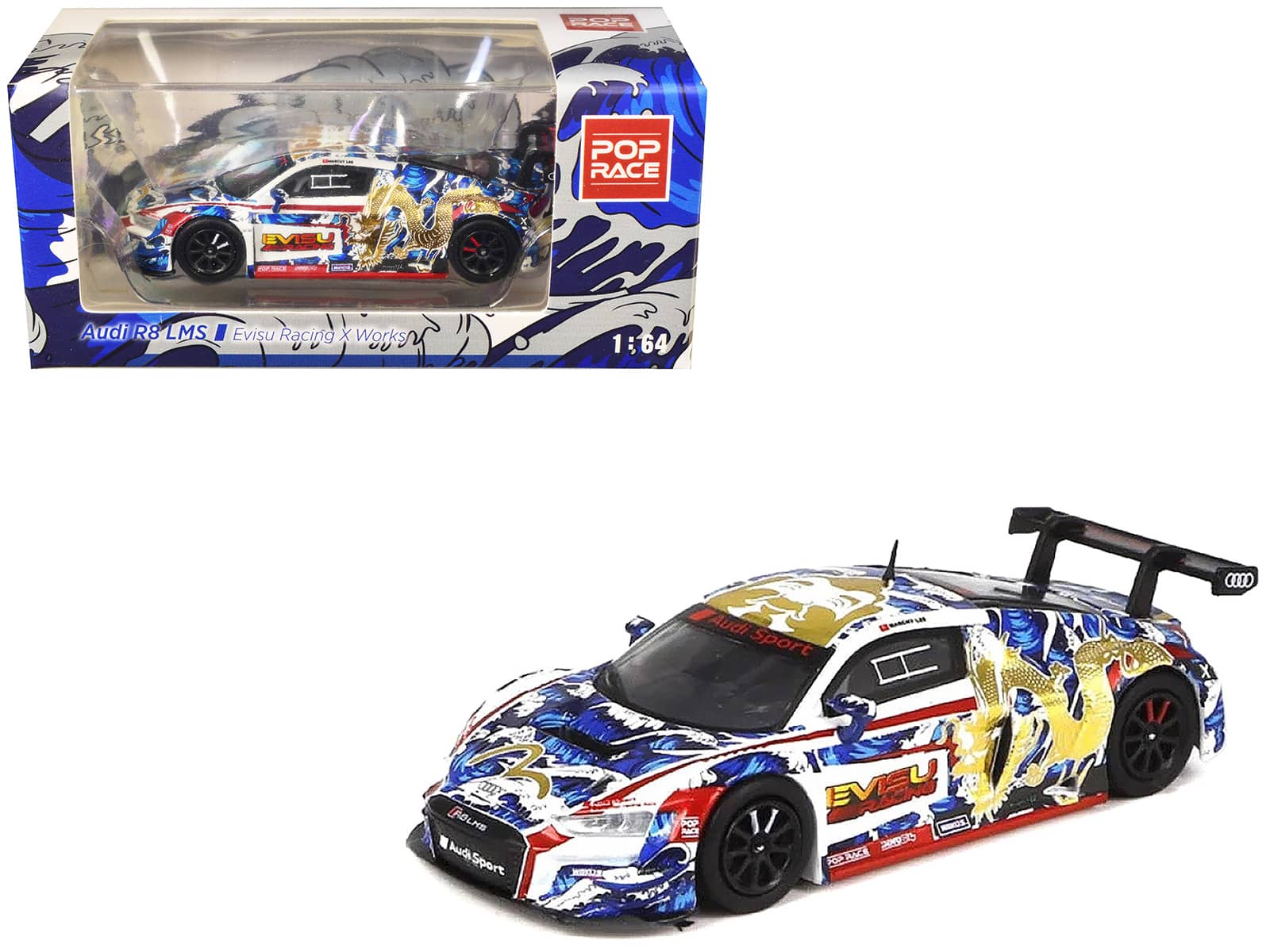 Audi R8 LMS "Evisu Racing X Works" White with Graphics 1/64 Diecast Model Car by Pop Race - Multicolor