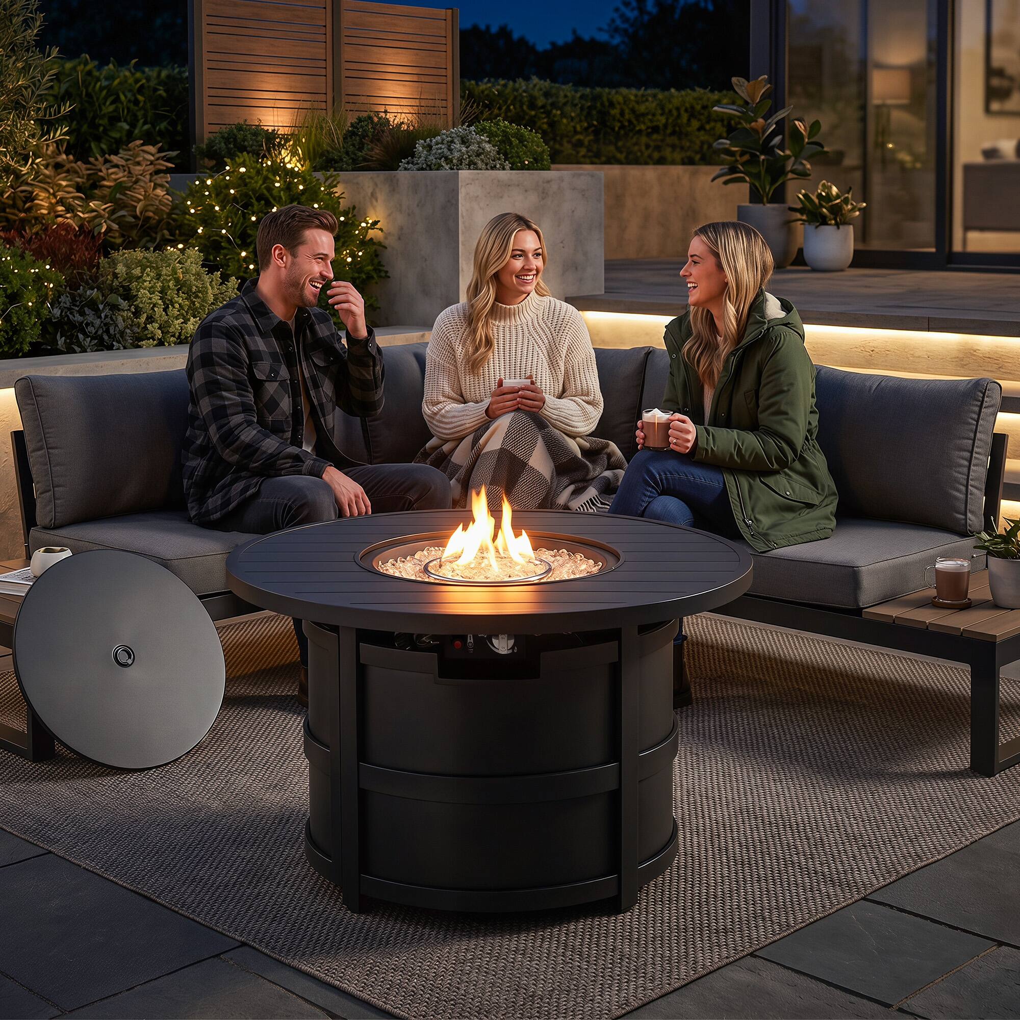 Angle. Nuu Garden - Outdoor 40 Inch Fire Pit Table, 50,000 BTU Fire Pit with Lid.