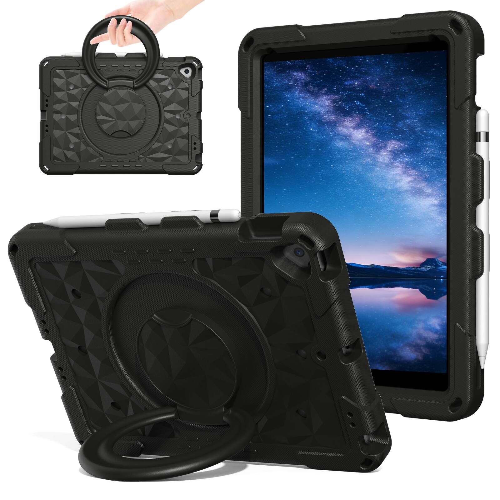 Angle. UUCOVER - Kids Case for iPad 9th/8th/7th Generation 10.2 inch Shockproof EVA Handle Stand Cover with Shoulder Strap - Black.
