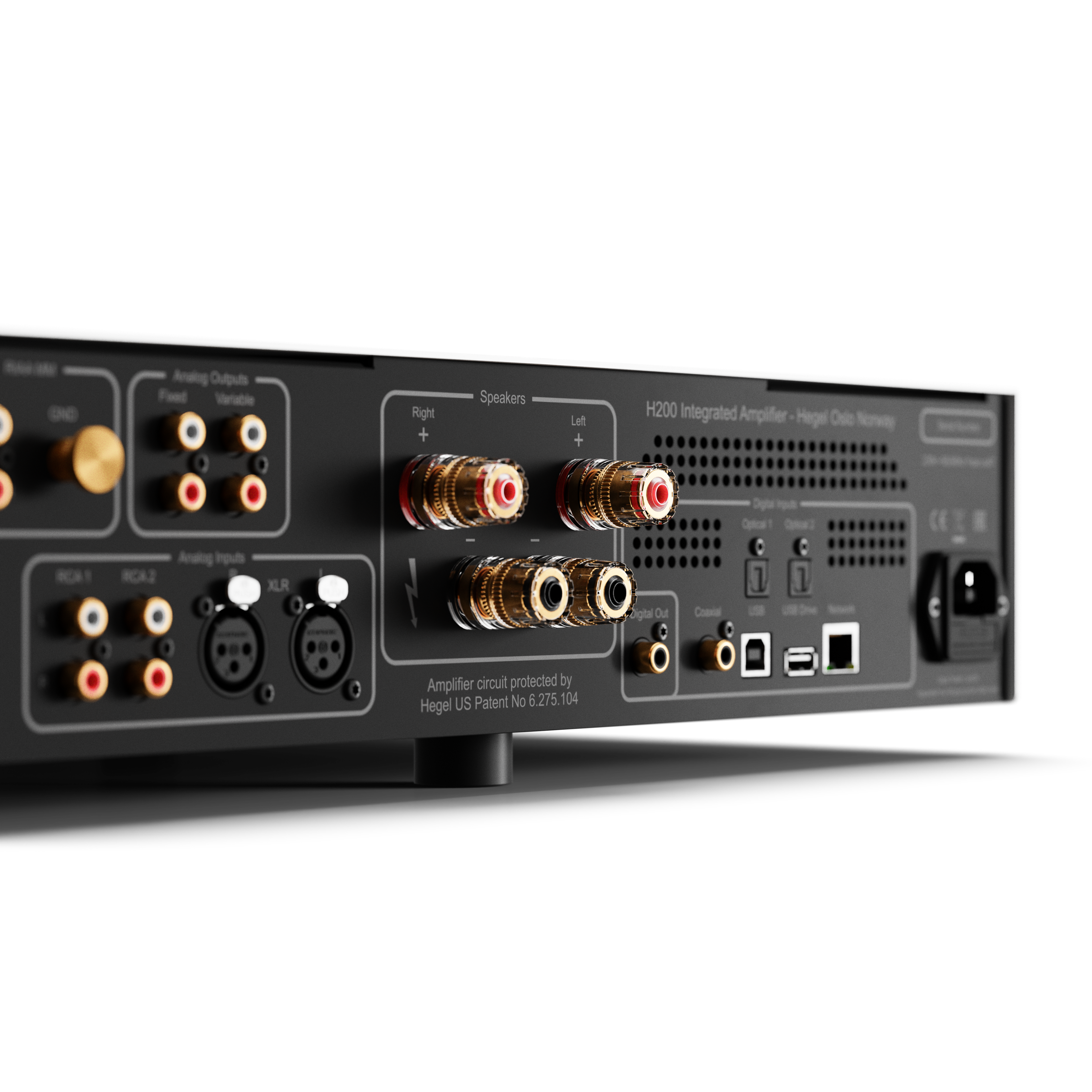 IND Araing Cuputs Food Vratle Right + Speakers Lett + H200 Integrated Amplifier Hegel Onle Sone Spa Opoa O KA RCA Anding ipuh XLR Sigha Oul Coa 1 Amplifier circuit protected by Hegel US Patent No 6.275.104
