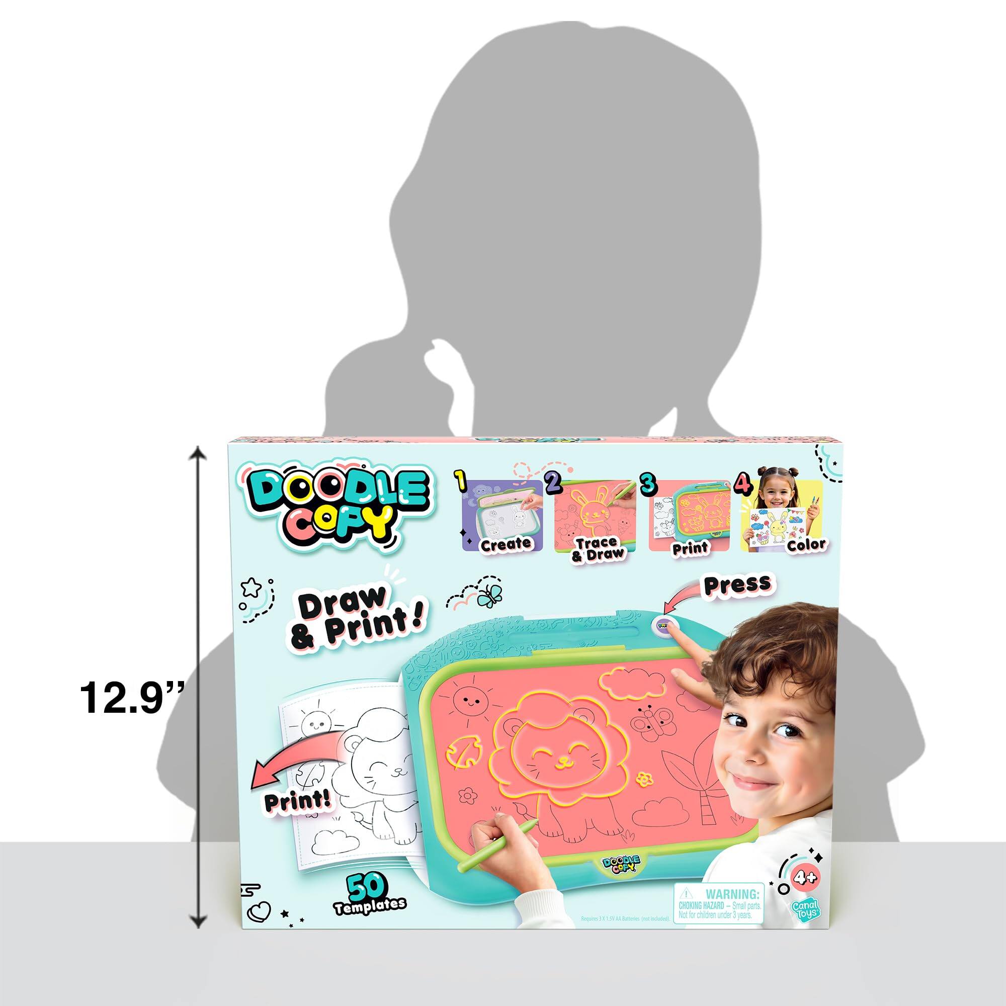 DOODLE COPY

1. Create
2. Trace & Draw
3. Print
4. Color

Draw & Print!

12.9" Print!

50 Templates

WARNING: CHOKING HAZARD - Small parts. Not for children under 3 years.