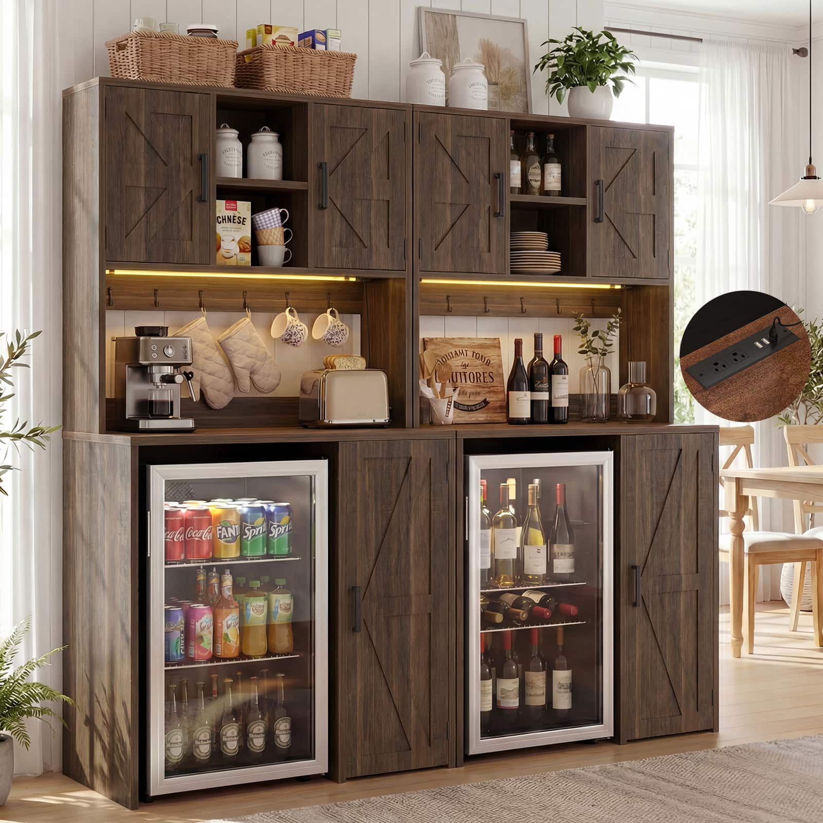 Aheaplus - 2-Pack 74" All-in-One Beverage Station: Dual Mini Fridge Slots, 10 Charging Ports, LED Lighting, Rustic Storage - Brown