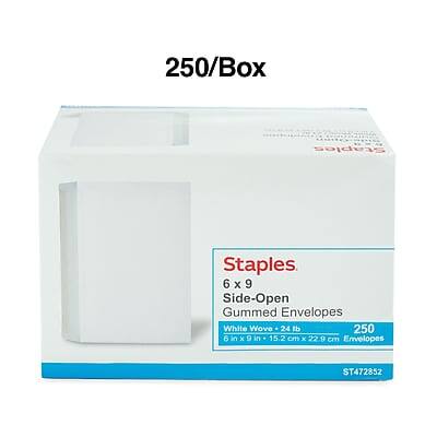 250/Box  
Staples  
6 x 9 Side-Open Gummed Envelopes  
White Wove  
24 lb  
250 Envelopes  
6 in x 9 in (15.2 cm x 22.9 cm)  
ST472852