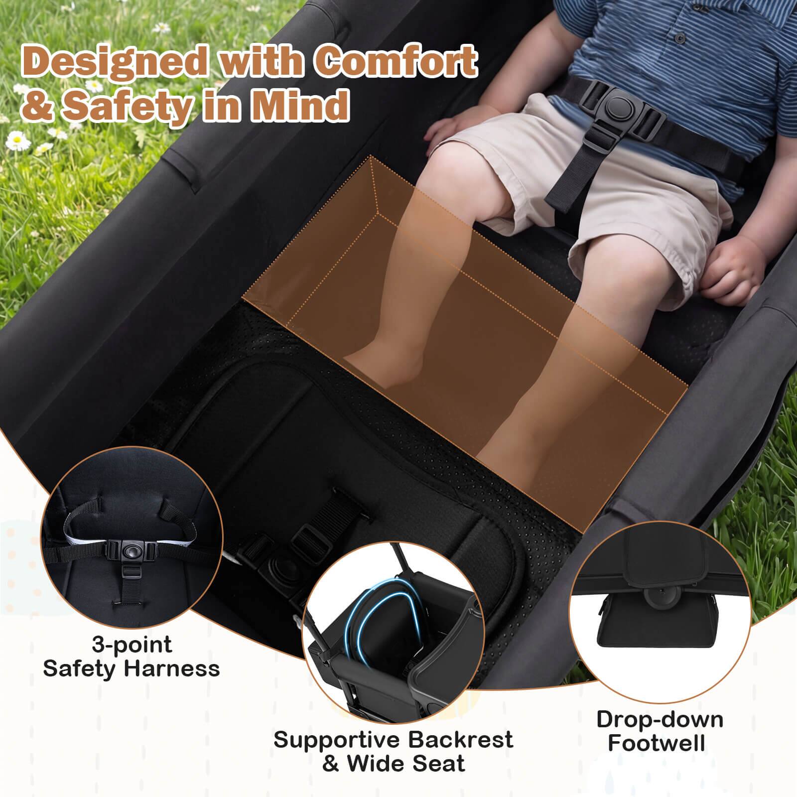 Designed with Comfort & Safety in Mind

- 3-point Safety Harness
- Supportive Backrest & Wide Seat
- Drop-down Footwell