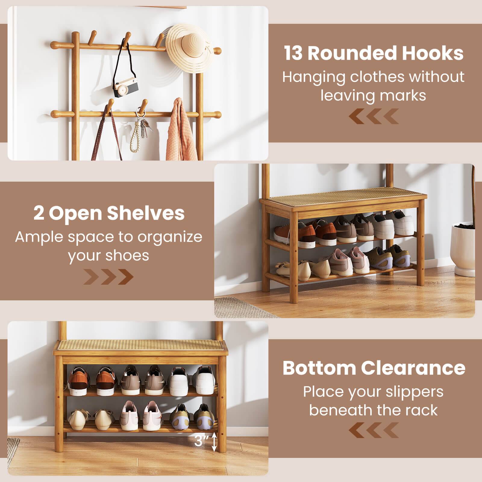 1. **13 Rounded Hooks**  
   Hanging clothes without leaving marks

2. **2 Open Shelves**  
   Ample space to organize your shoes

3. **Bottom Clearance**  
   Place your slippers beneath the rack
