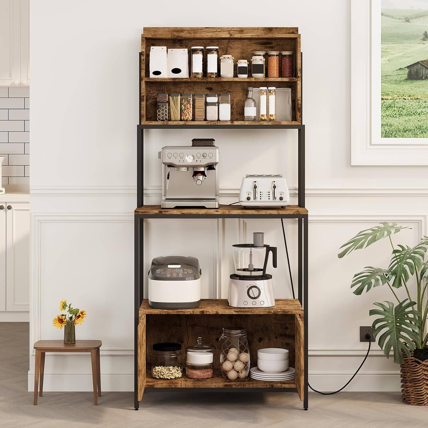 Qeetex - 6-Tier Kitchen Bakers Rack with Power Outlet - 67in Industrial Microwave Stand with Shelves & Cabinet - Rustic - Brown