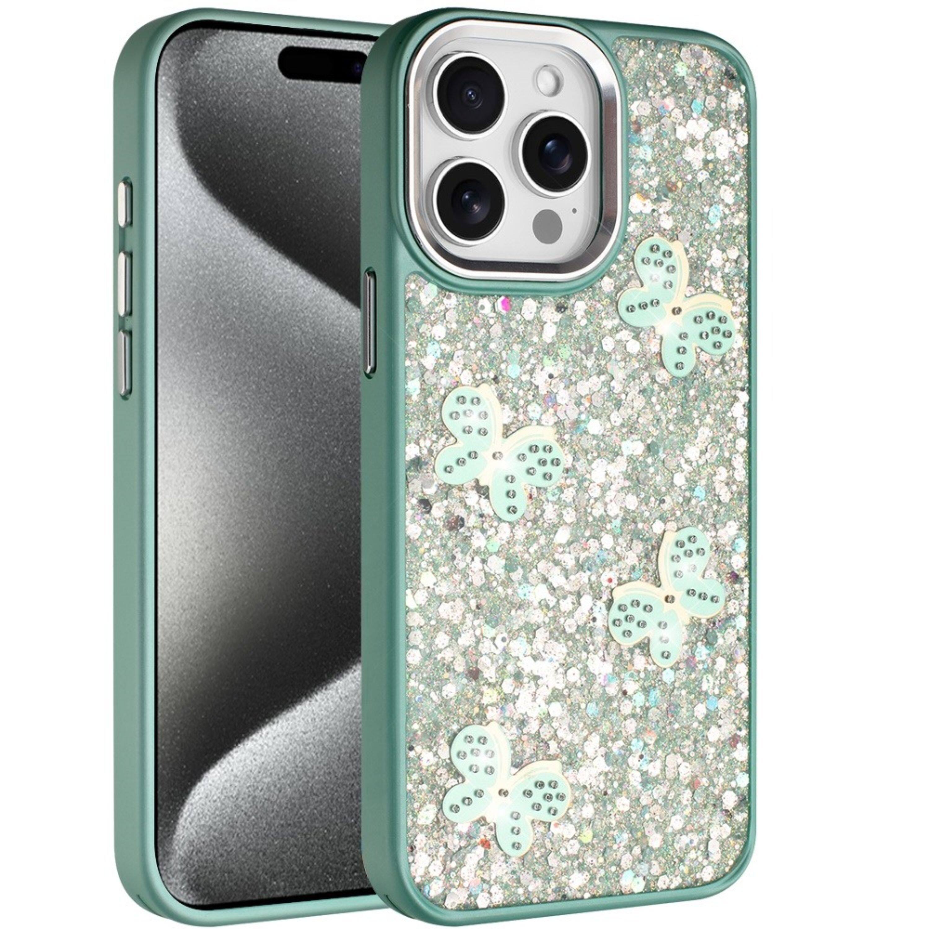 Angle. Kitcheniva - Glitter Butterfly Case With Tempered Glass For iPhone 15 Pro Max Teal - Teal.