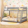 Front. Gymax - Gymax Twin Over Full Low Bunk Bed Solid Wooden Floor Bunk Bed w/ Reversible Ladder Gray - Gray.