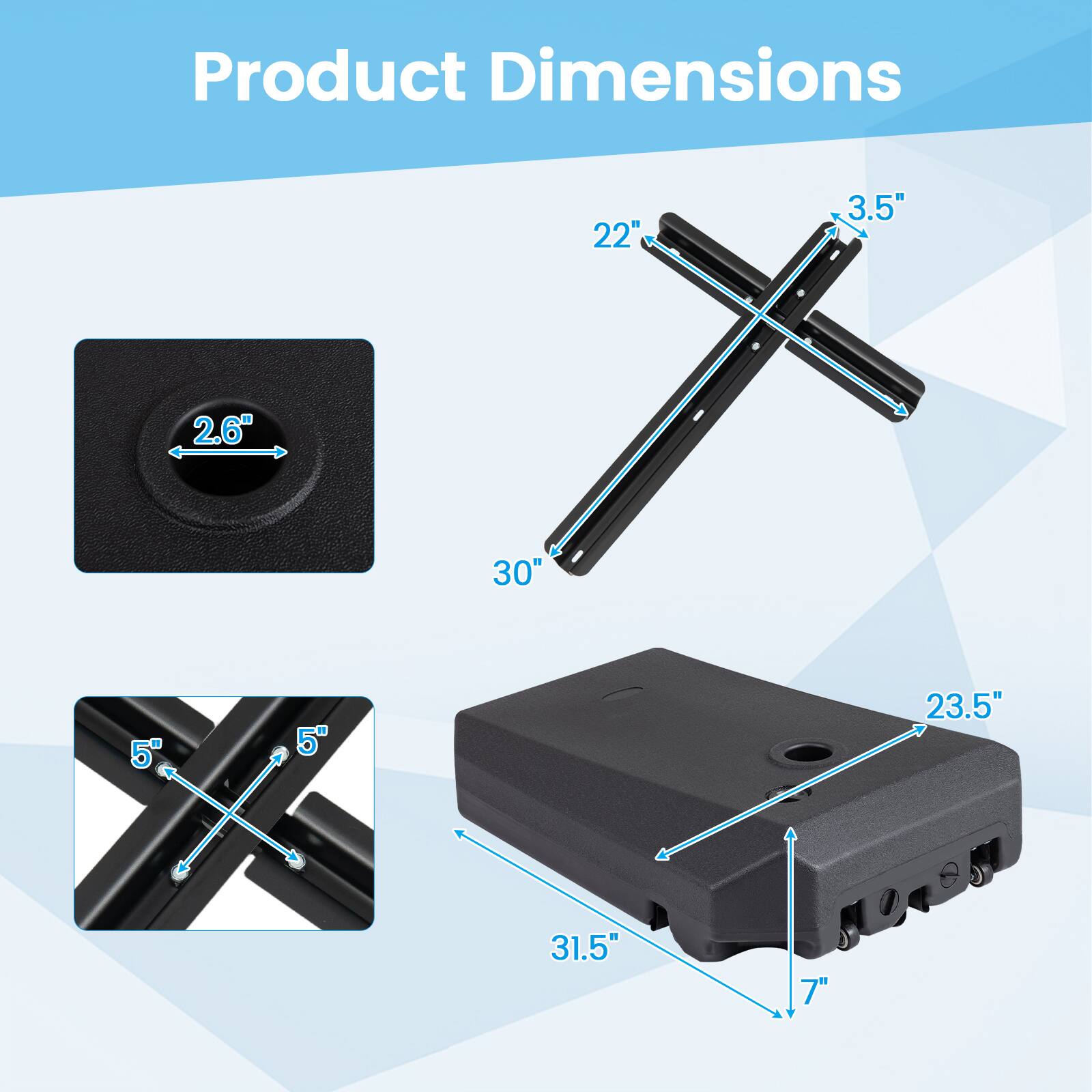 Product Dimensions: 22" x 3.5" x 2.6", 30" x 5" x 5", 23.5" x 31.5" x 7"