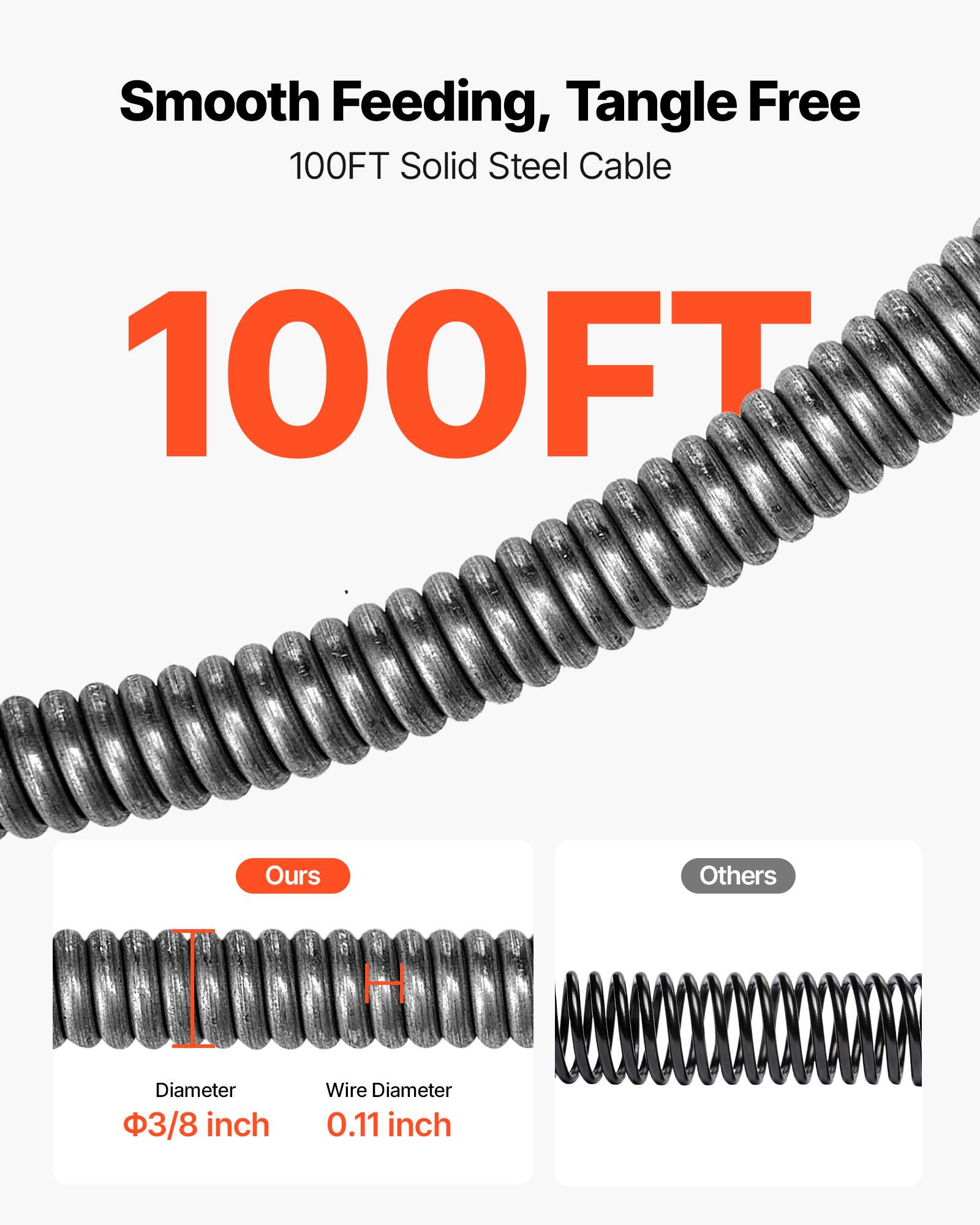 Smooth Feeding, Tangle Free  
100FT Solid Steel Cable  

100FT  

Ours  
Diameter: 3/8 inch  
Wire Diameter: 0.11 inch  

Others