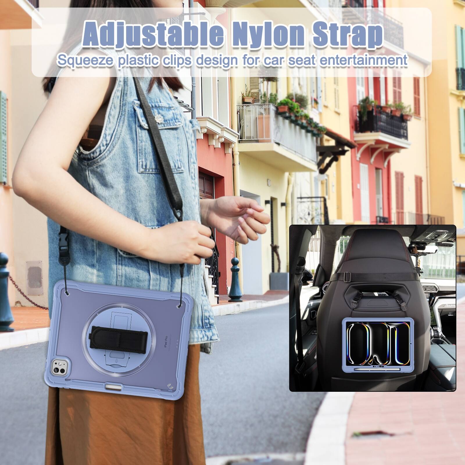 Adjustable Nylon Strap  
Squeeze plastic clips design for car seat entertainment