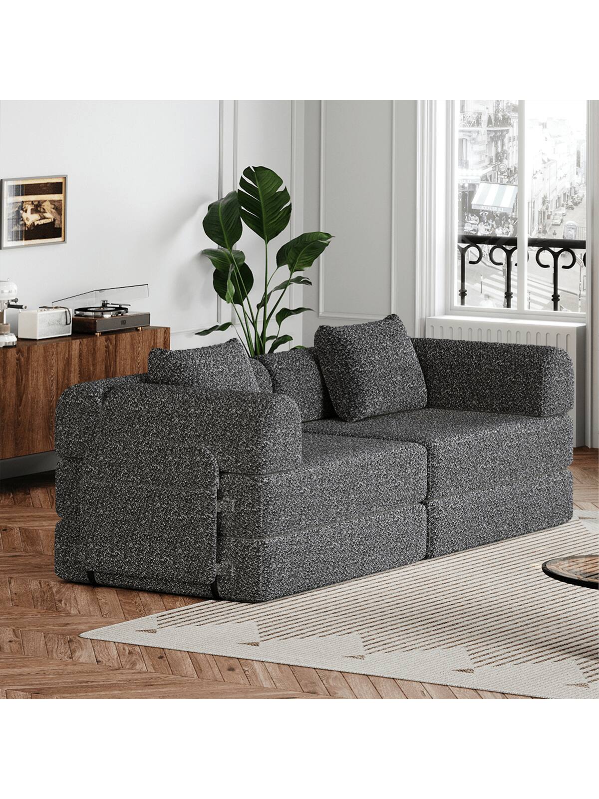 Angle. Trinkets Crazed - Convertible Sofa Bed, 72.4" Loveseat Sofa With Storage Pockets Modular Sleeper Couch Chenille Folding Floor Couch - Gray.