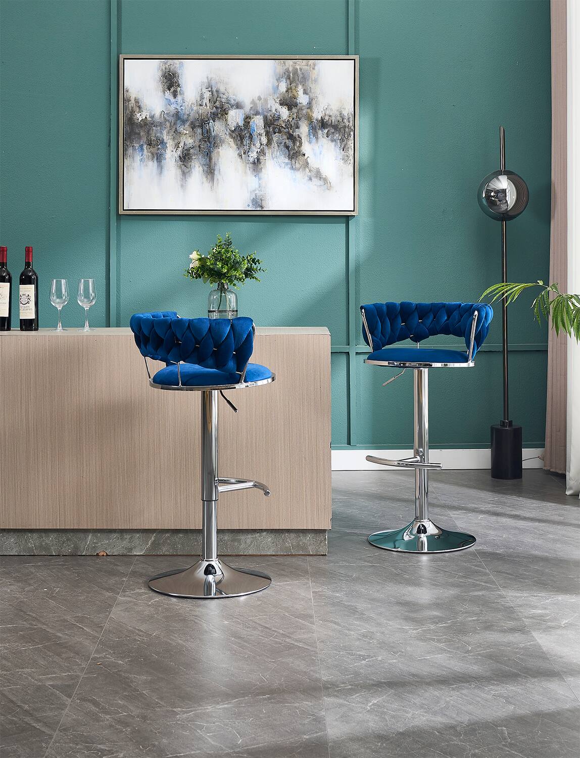 Alt View 4. SlickBlue - Modern Adjustable Bar Stools – Set of 2 Velvet Swivel Chairs with Chrome Legs - Blue.