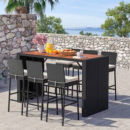 Mondawe - 7-Piece Patio Rattan Bar Set w/ Cushions, Outdoor Bar Table with Acacia Wood Top and 6 Stools - Black