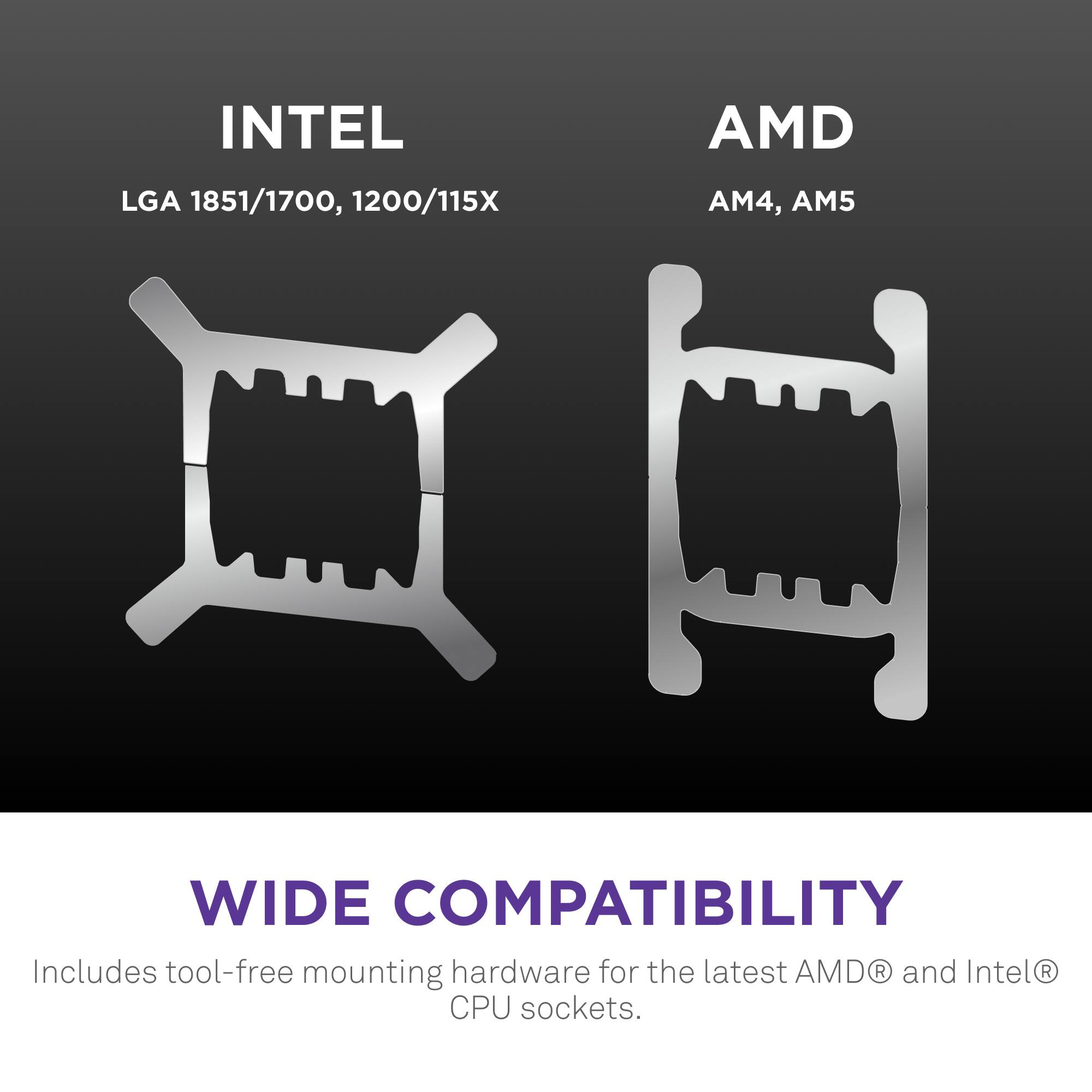 INTEL AMD LGA 1851/1700, 1200/115X AM4, AM5 WIDE COMPATIBILITY Includes tool-free mounting hardware for the latest AMD R and Intel R CPU sockets.