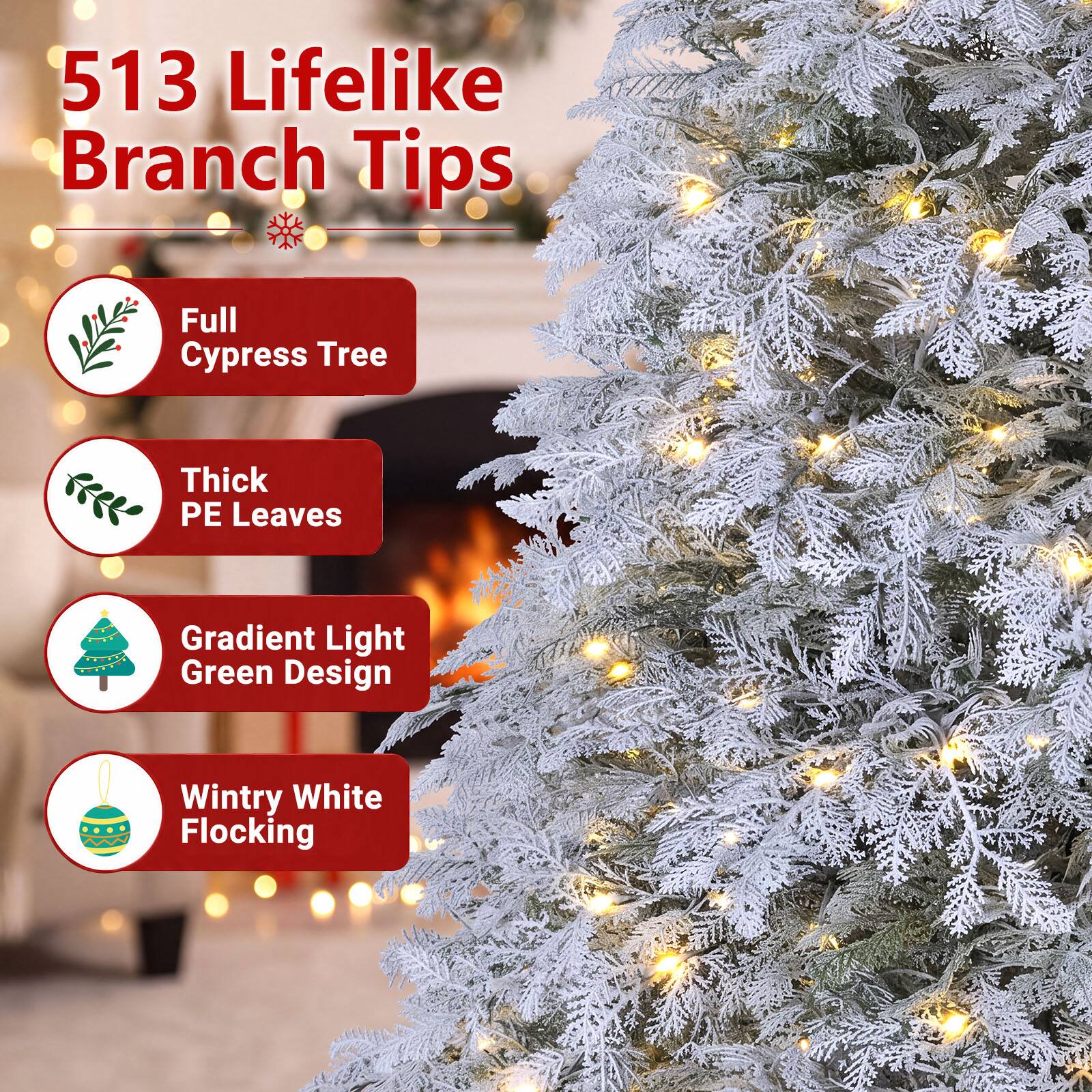 513 Lifelike Branch Tips

- Full Cypress Tree
- Thick PE Leaves
- Gradient Light Green Design
- Wintry White Flocking