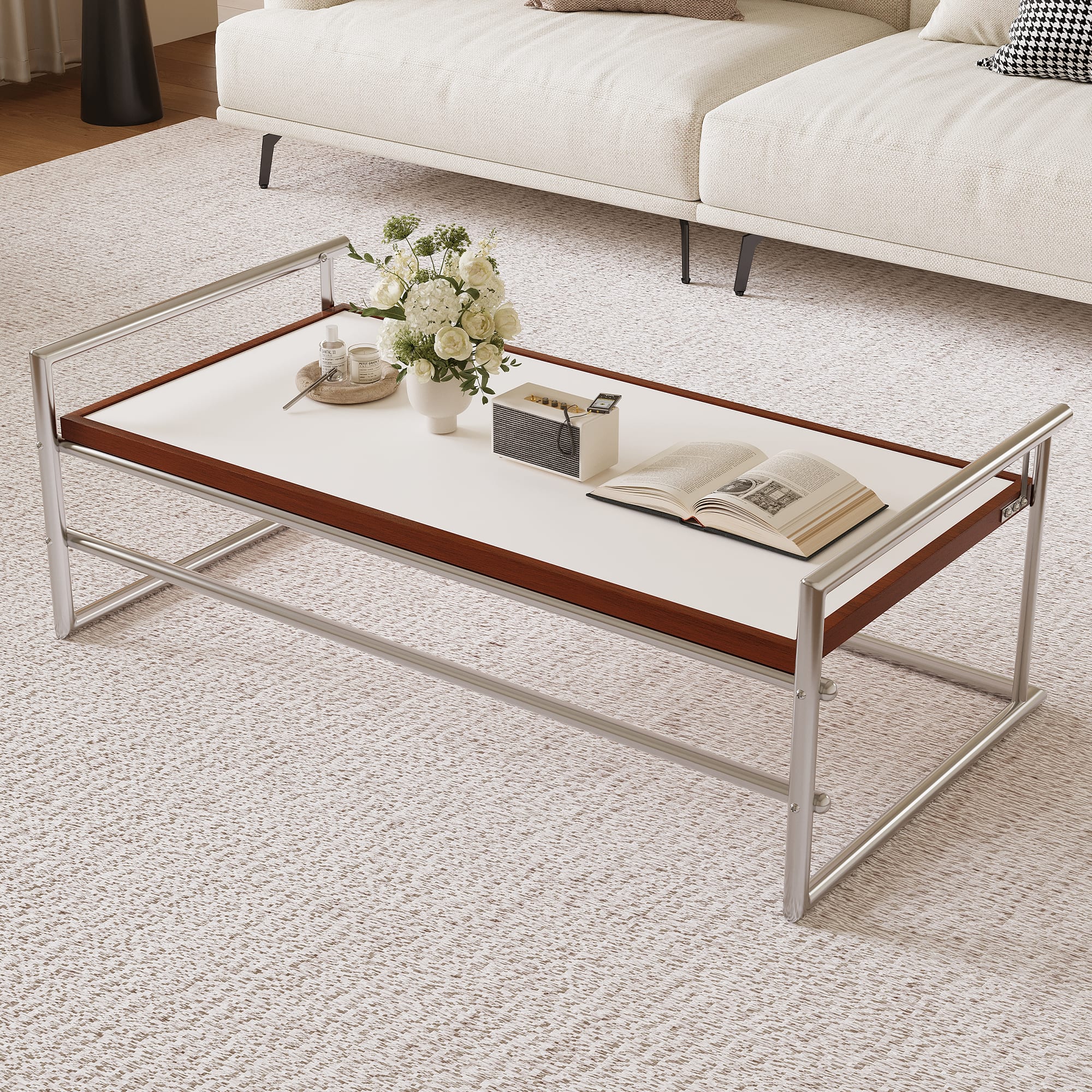 luck idea - 2‑in‑1 Convertible Coffee Table, 48.42" Flip‑Top Multi‑Purpose Table with Chrome Metal Frame for Living Room - White