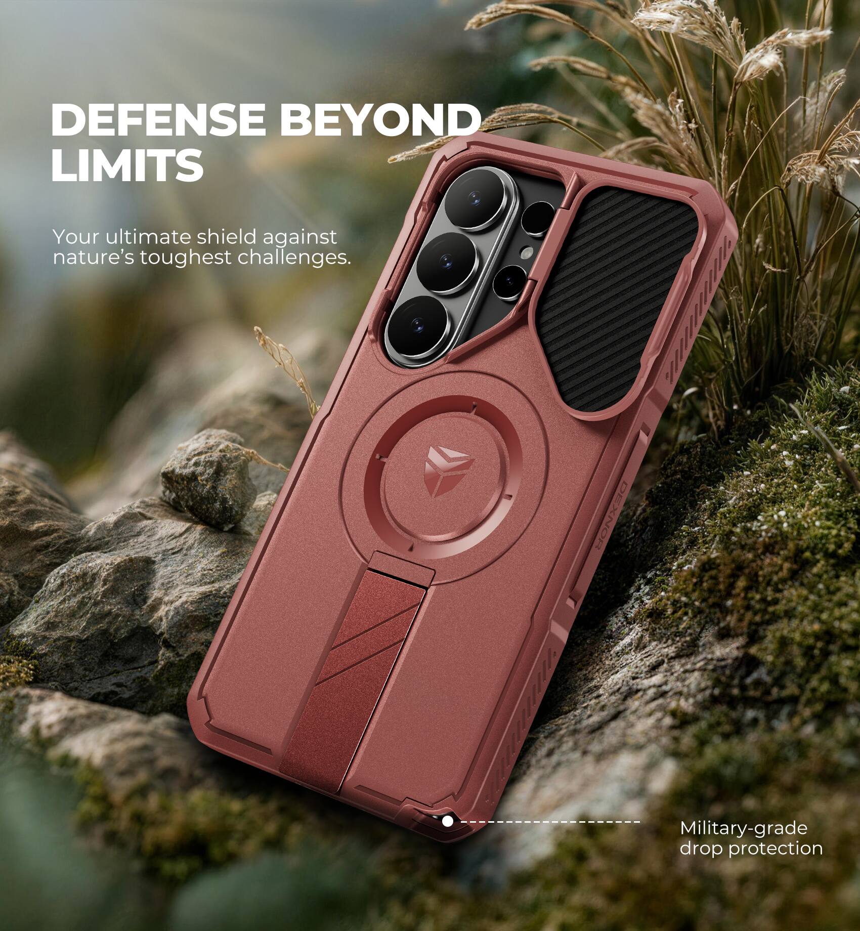 DEFENSE BEYOND LIMITS  
Your ultimate shield against nature's toughest challenges.  
DEXNOR  
Military-grade drop protection