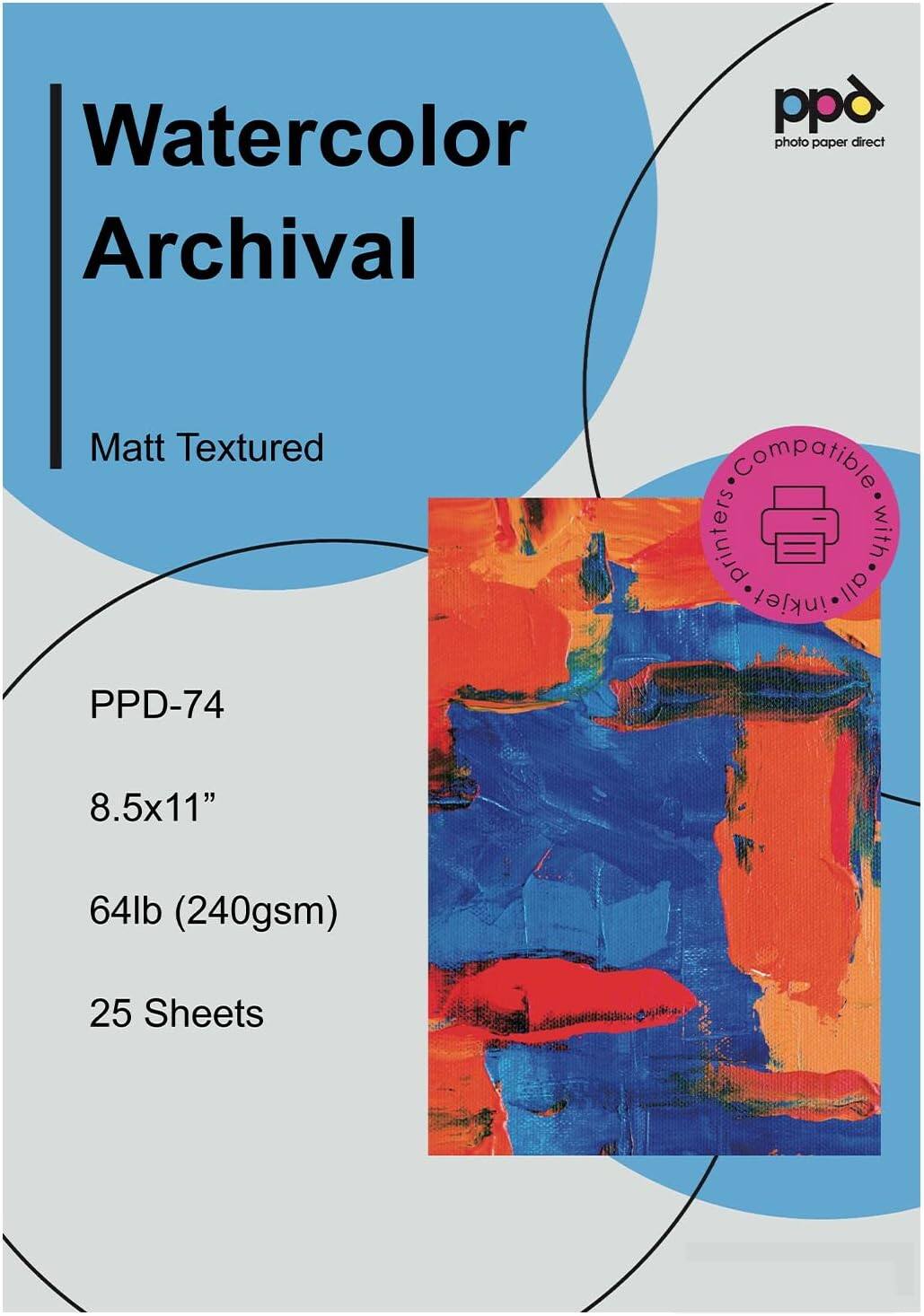 Watercolor Archival Matt Textured Compatible printers with inkjet all PD-74 8.5x11" 64lb (240gsm) 25 Sheets