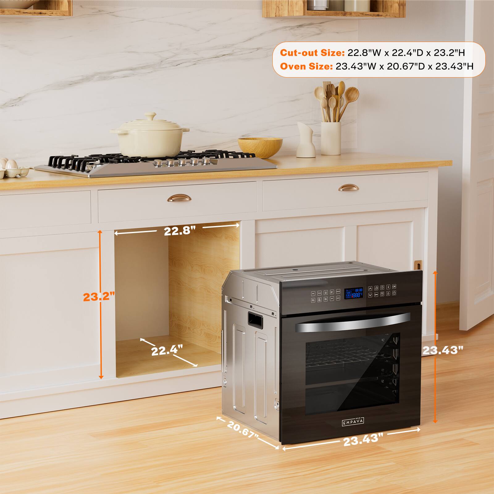 The image shows a kitchen with a microwave oven placed on the counter. The microwave is described as being 22.8 inches wide, 22.4 inches deep, and 23.2 inches high. The oven size is also provided, which is 23.43 inches wide, 20.67 inches deep, and 23.43 inches high. The image also includes a bowl and a spoon, adding to the kitchen setting.