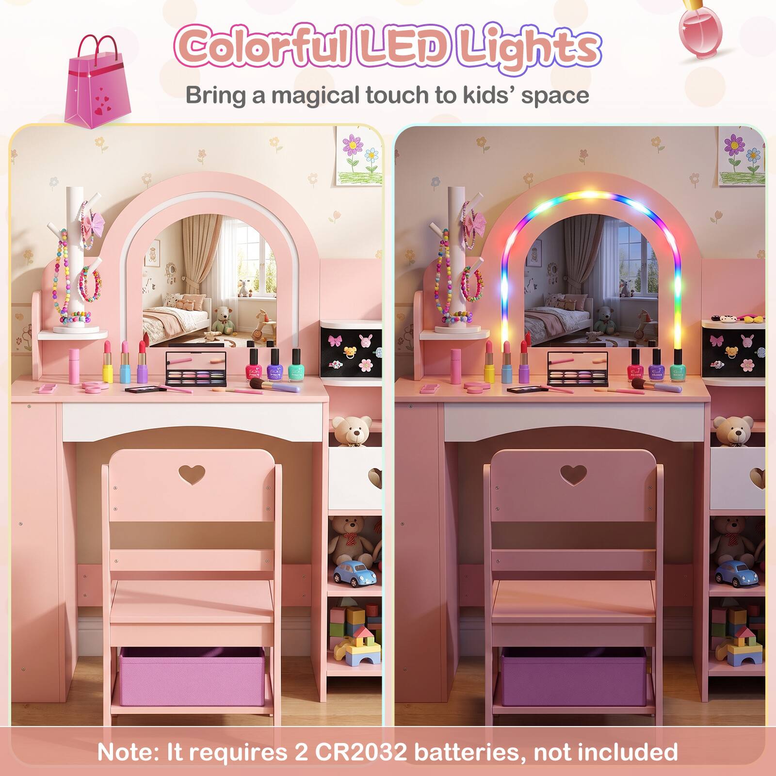 Colorful LED Lights Bring a magical touch to kids' space

Note: It requires 2 CR2032 batteries, not included