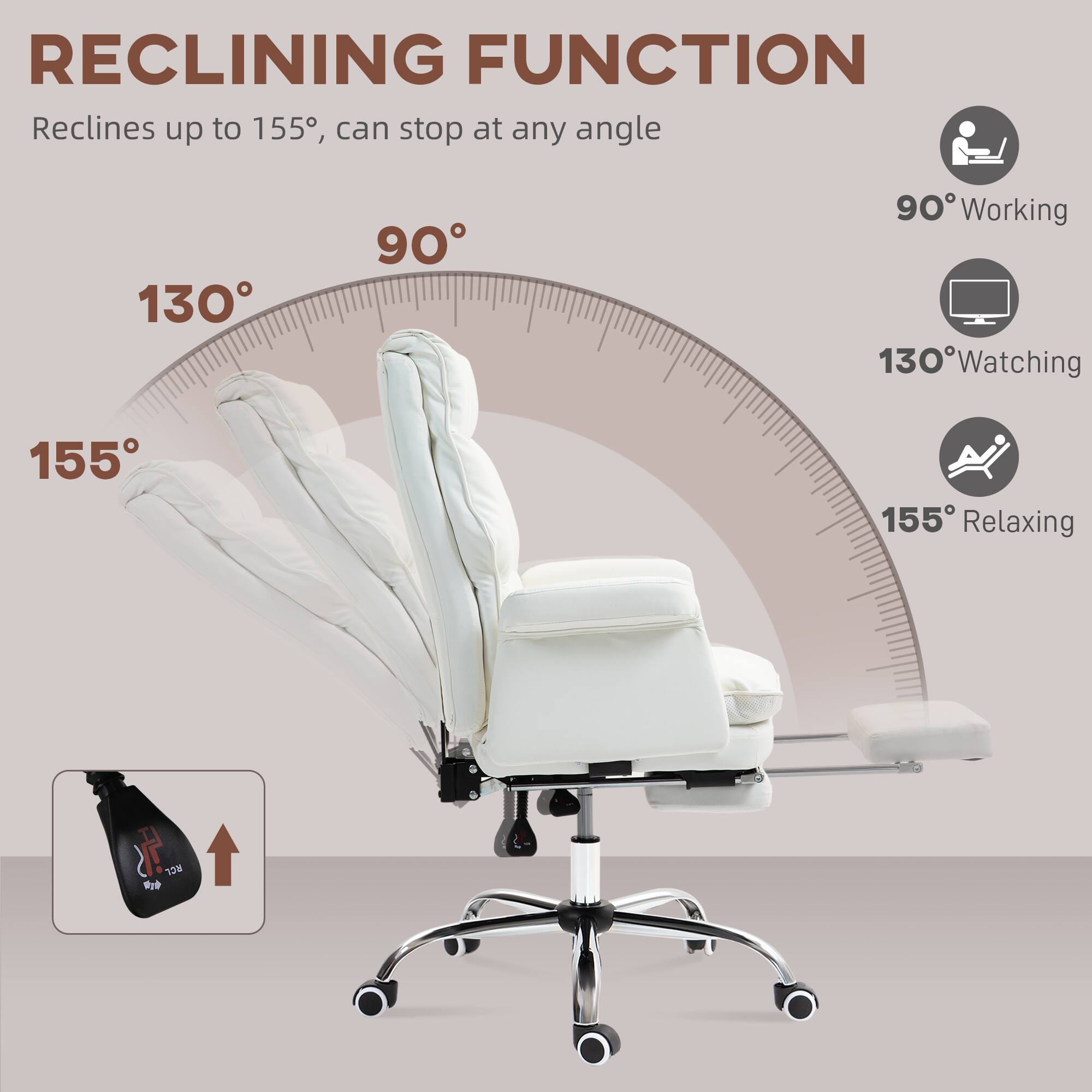 RECLINING FUNCTION
Reclines up to 155°, can stop at any angle
90° Working
130° Watching
155° Relaxing