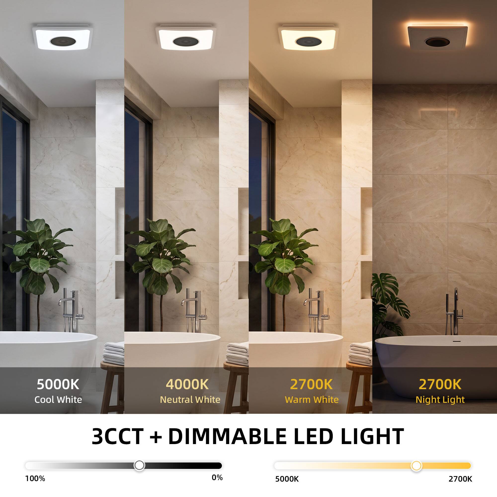 5000K Cool White  
4000K Neutral White  
2700K Warm White  
2700K Night Light  
3CCT + DIMMABLE LED LIGHT  
100%  
0%  
5000K  
2700K