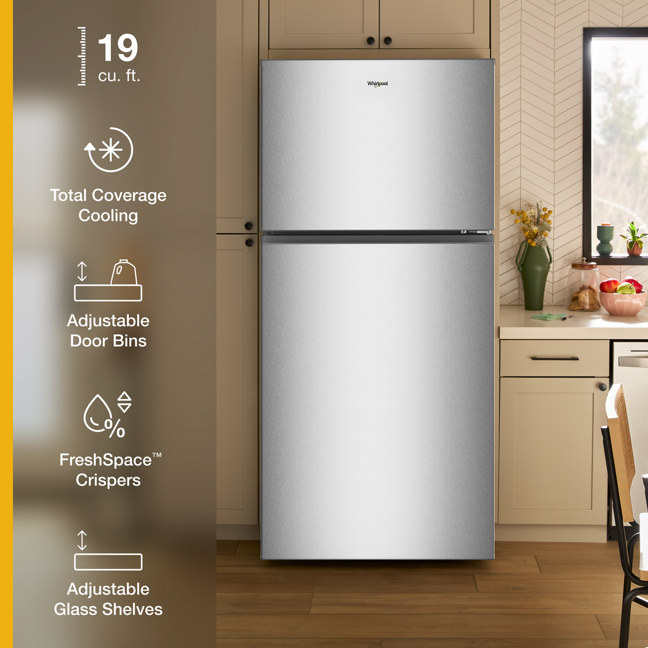 @thanderstores 19 cu. ft. Whirlpool Total Coverage Cooling Adjustable Door Bins FreshSpace Crispers Adjustable Glass Shelves