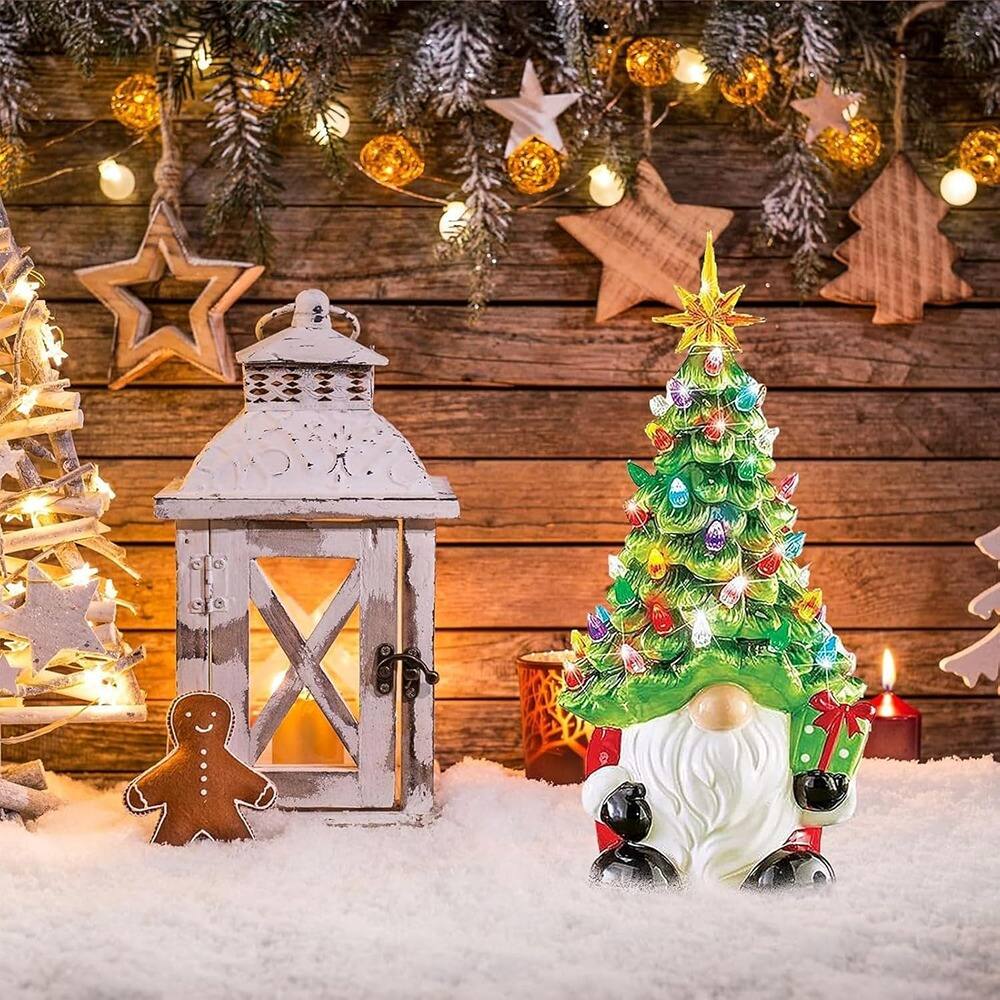 Angle. Schertz - Lighted Ceramic Gnome Tree, DIY Xmas Holiday Decor with Multicolored Lights - Green.