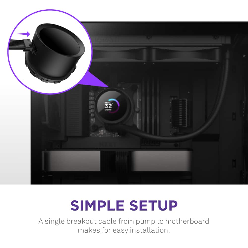 The text on the image reads: "7-7AT - 32 - to NZXT SIMPLE SETUP A single breakout cable from pump to motherboard makes for easy installation."