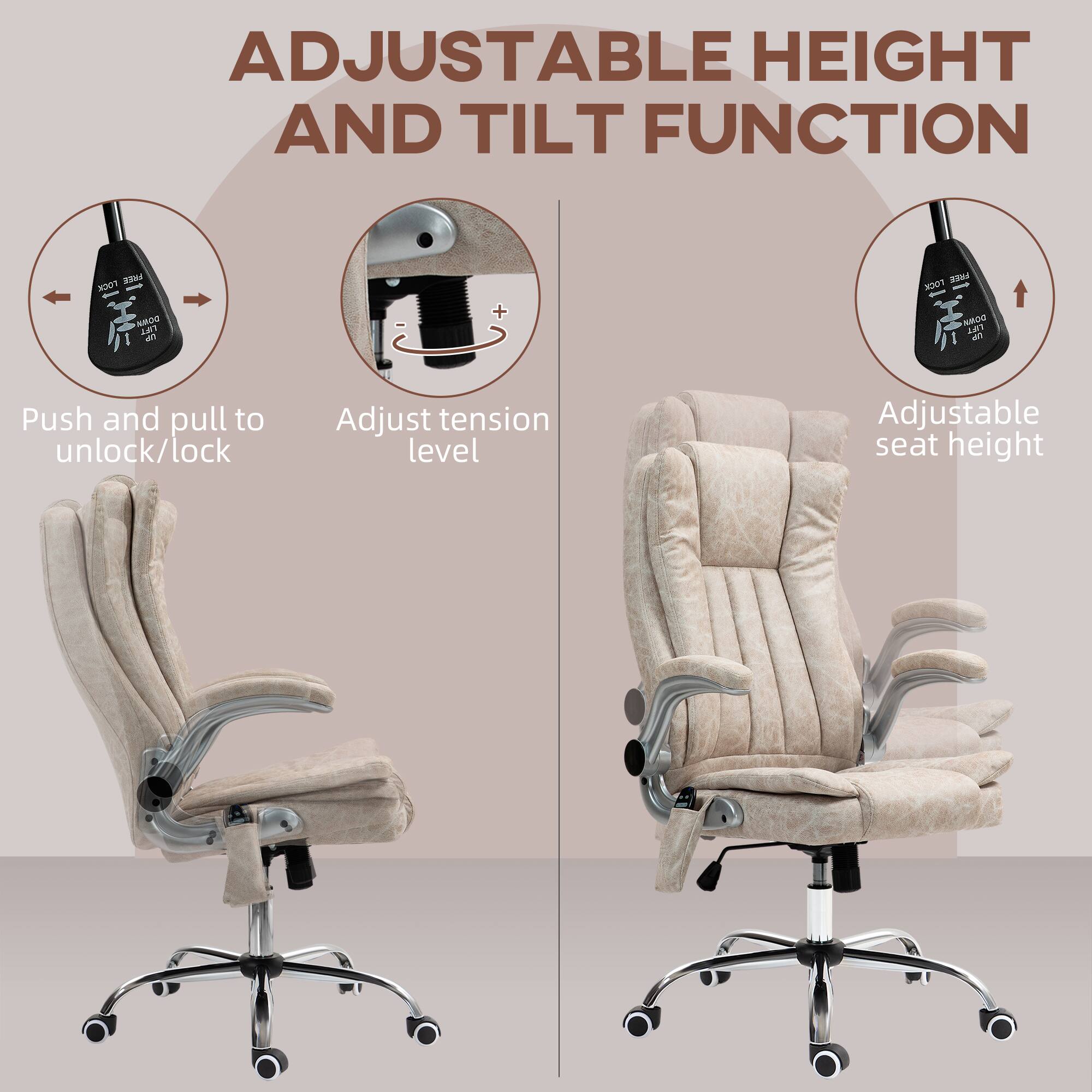 ADJUSTABLE HEIGHT AND TILT FUNCTION

Push and pull to unlock/lock
Adjust tension level
Adjustable seat height