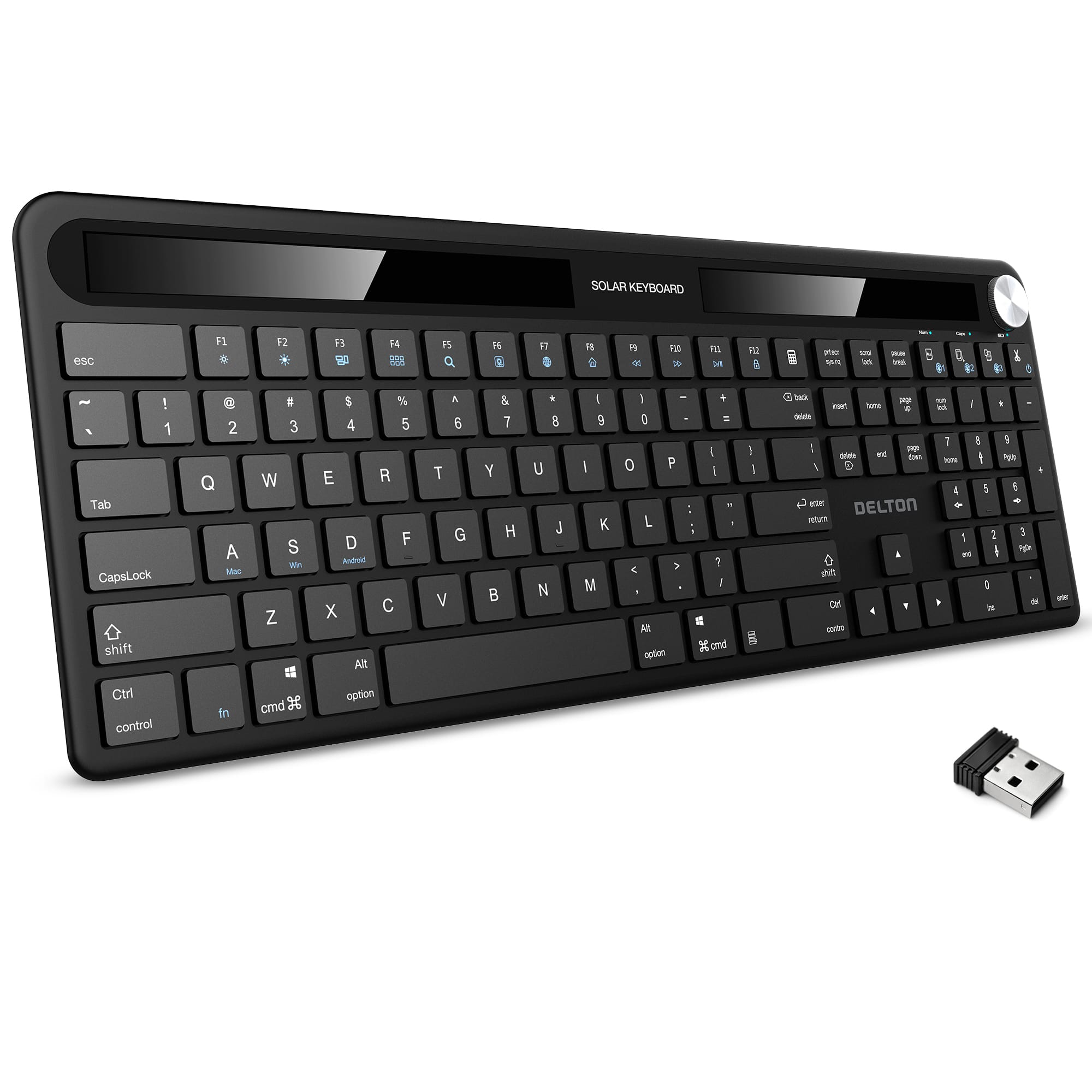 Delton - KB90 Wireless Solar (Light-Powered) Rechargeable Keyboard, No Batteries (DKBSLR90) - Black