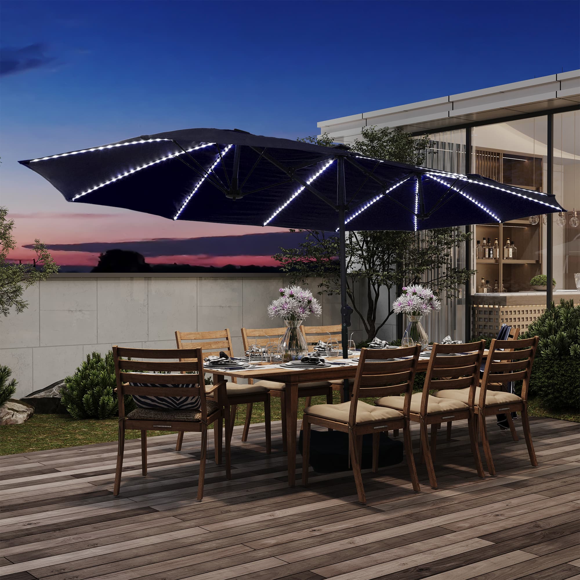 Front. Mondawe - 15ft Patio Market Umbrella with Large Lighted Fiberglass and Base - Navy blue.