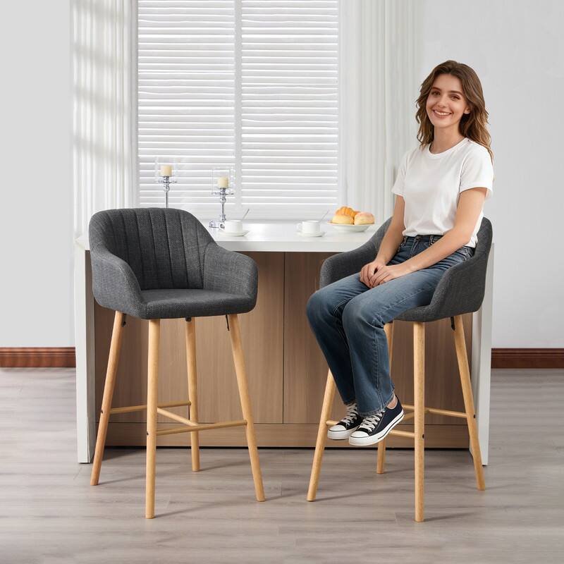 Alt View 1. HTUTWOO - Modern Bar Stools Set of 2, Ergonomic Backrest & Footrest, Linen Upholstered Tall Chairs for Kitchen Island, Home Bar - Black.