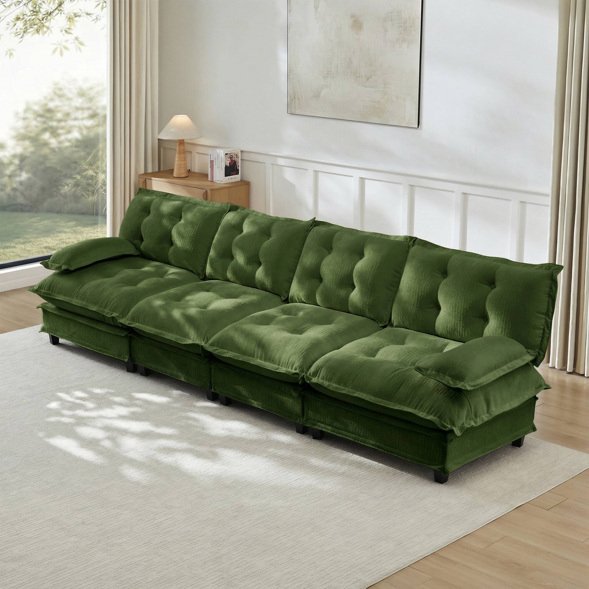 Front. Anysun - 138" 4-Seater Cloud Sectional Sofa - Modular Deep Seat, Chenille Fabric, Lattice-Decor Cushions for Living Room - Green.