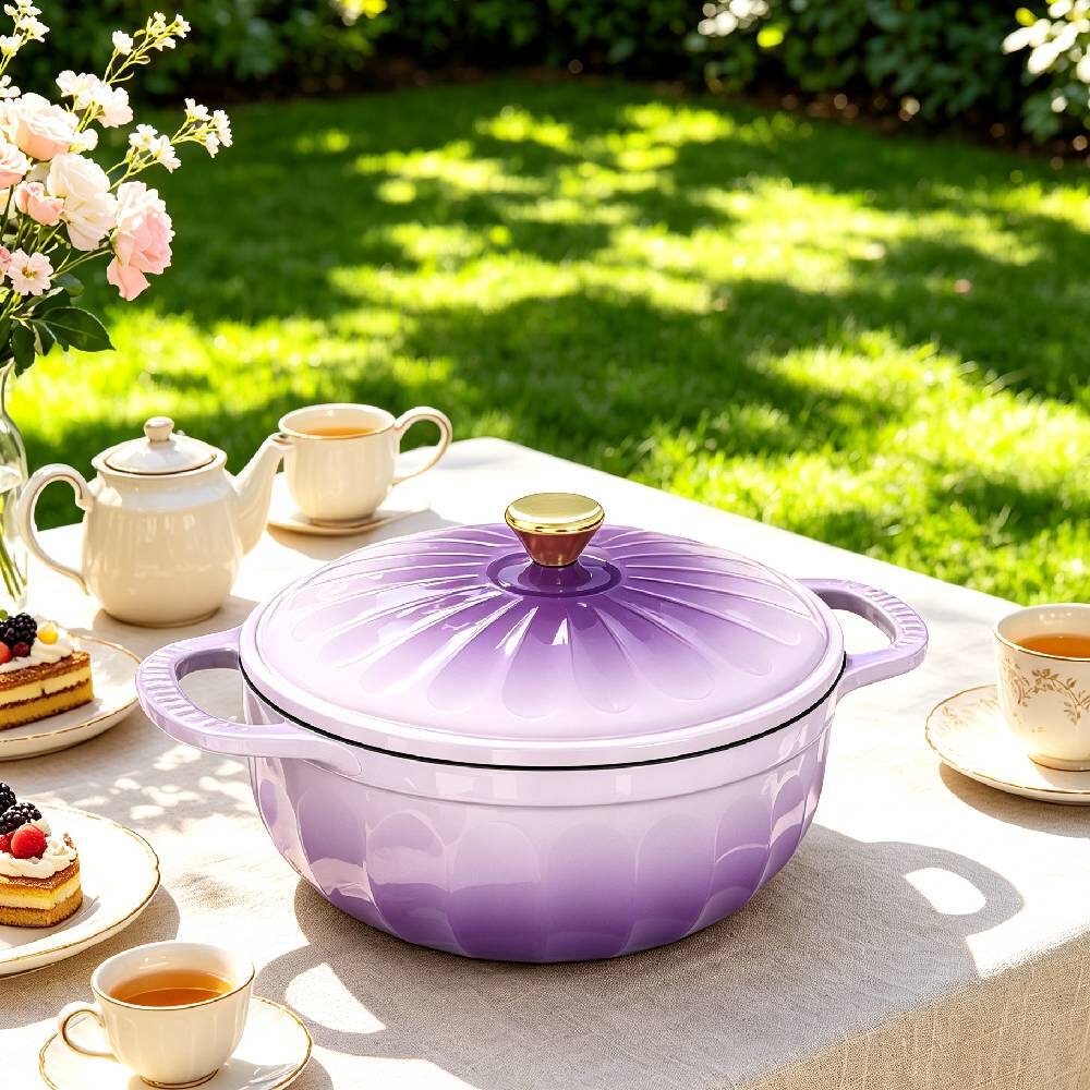Alt View 7. Winado - 5 QT Enameled Cast Iron Dutch Oven with Gradient Petal Texture,Heat-Resistant Gloves, Pot Mat for Bread Baking, Roasting - Purple.