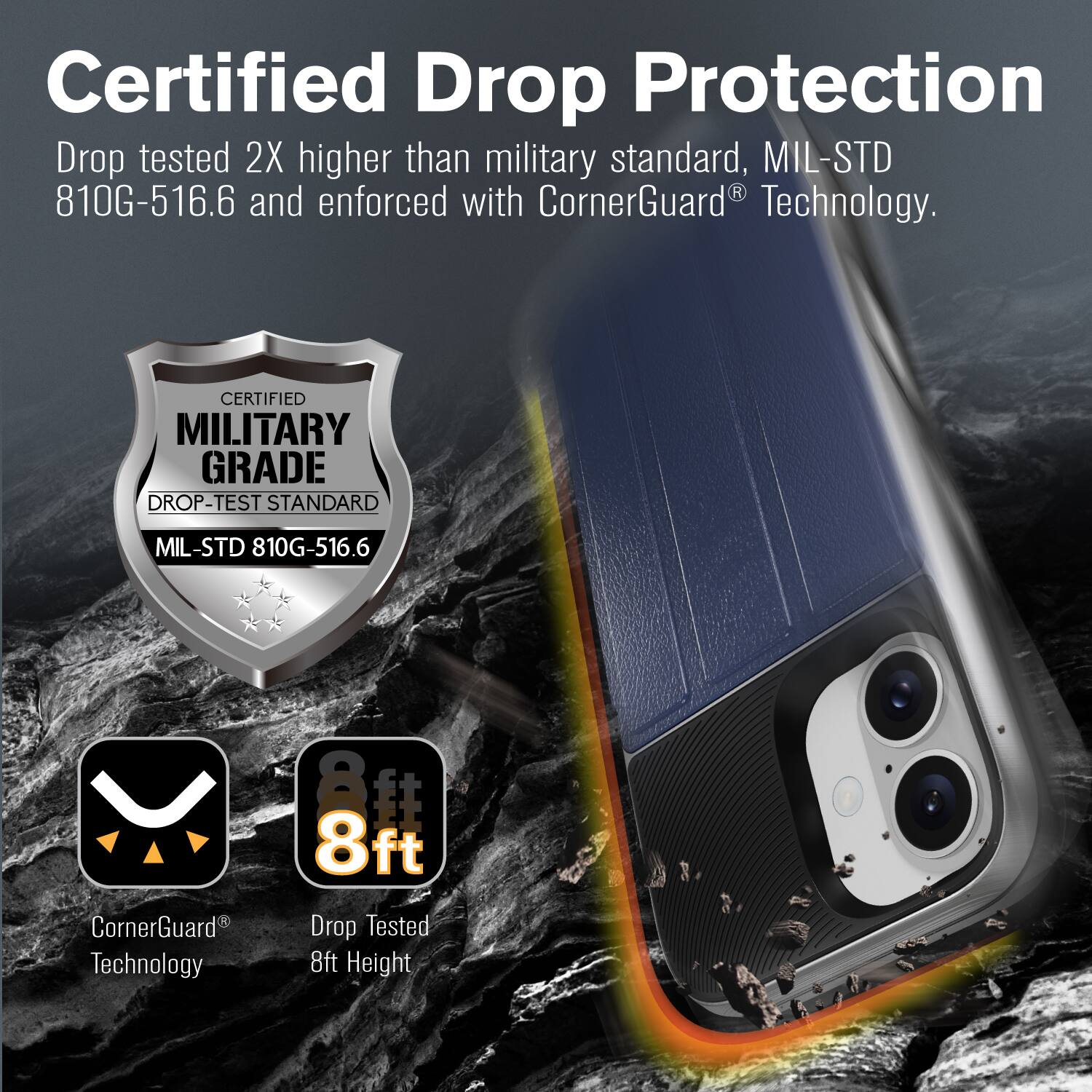 Certified Drop Protection

Drop tested 2X higher than military standard, MIL-STD 810G-516.6 and enforced with CornerGuard® Technology.

Certified Military Grade Drop-Test Standard MIL-STD 810G-516.6

CornerGuard® Technology

Drop Tested 8ft Height