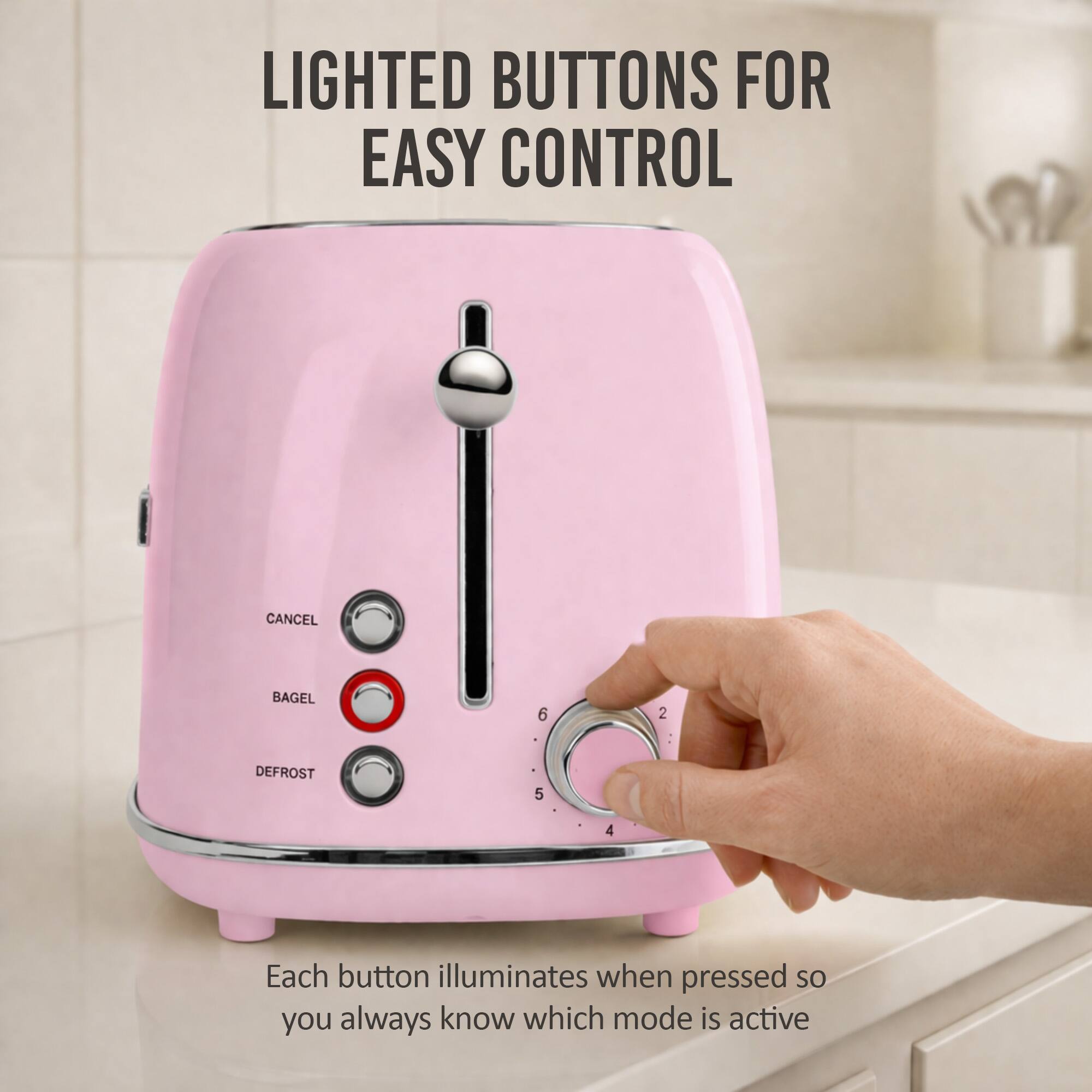 LIGHTED BUTTONS FOR EASY CONTROL

CANCEL BAGEL 6 2 DEFROST 5 4

Each button illuminates when pressed so you always know which mode is active