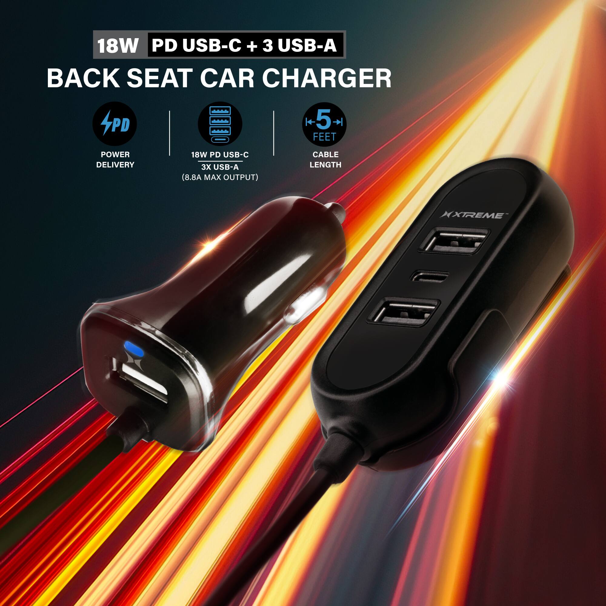 18W PD USB-C + 3 USB-A BACK SEAT CAR CHARGER

4PD PD K+ 5 + FEET POWER

18W PD USB-C CABLE DELIVERY

3X USB-A LENGTH (8.8A MAX OUTPUT)

KXTREME