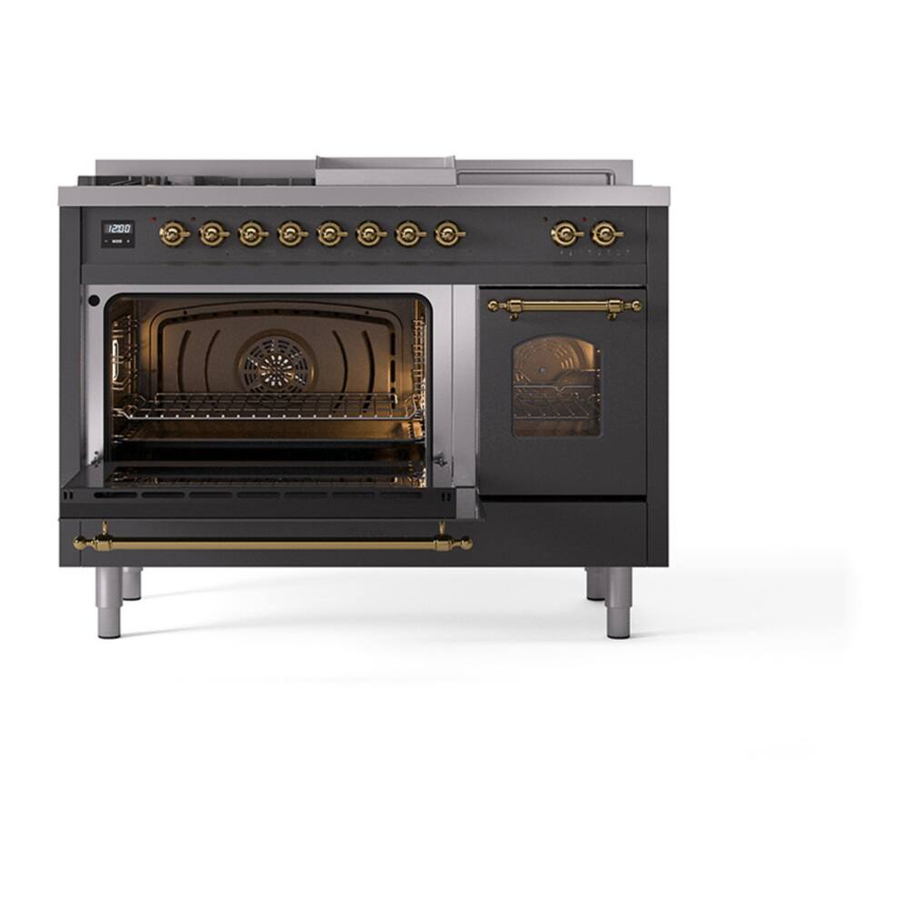 Alt View 5. ILVE - ILVE Nostalgie II Series 48 in. Dual Fuel Range with 5 Sealed Burners + Griddle (Liquid Propane, Brass Trim) - Graphite Matte.