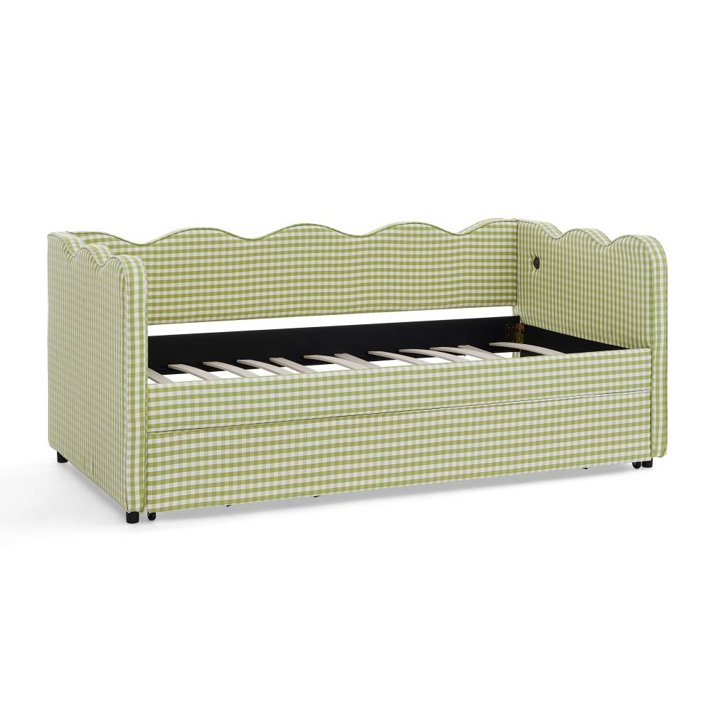 Alt View 9. JUJABU - Green Cozy Gingham Daybed with Twin Size Trundle No Box Spring Needed, with USB Port and Adorable Wave Shaped - Green.