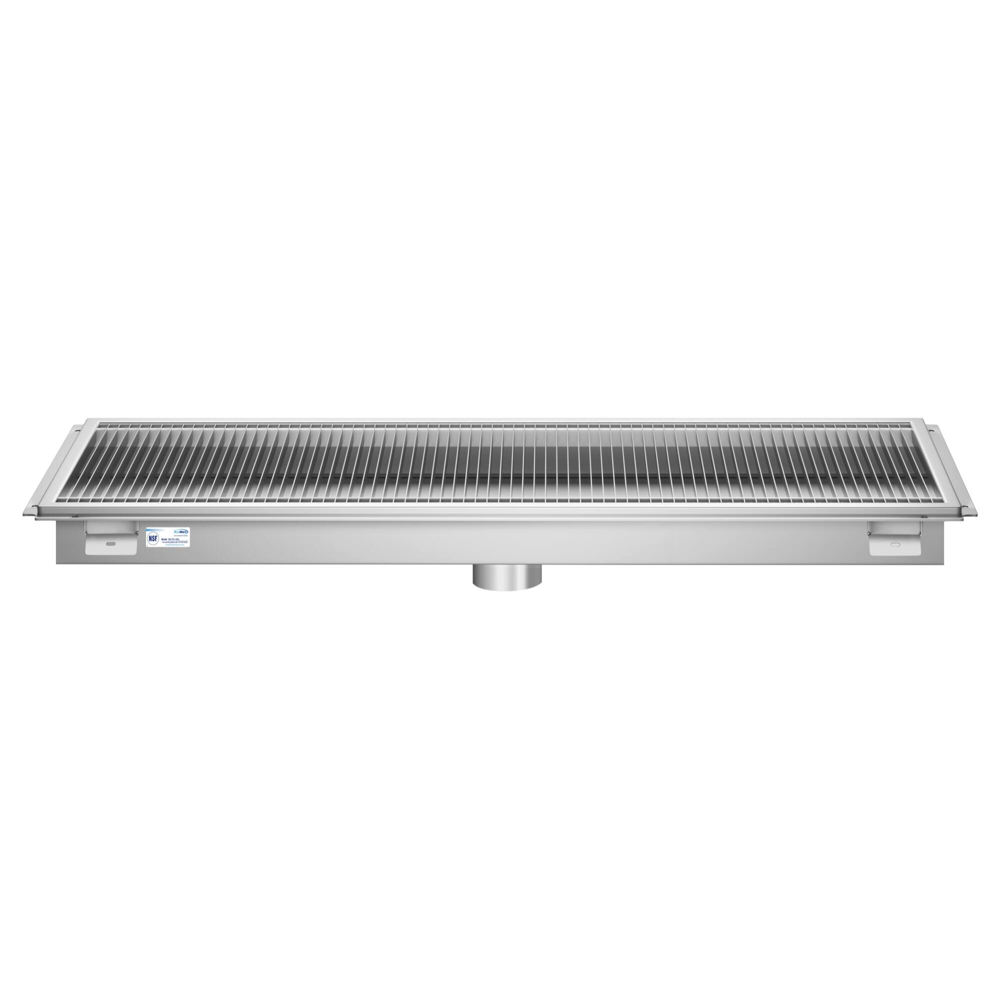 Back. Koolmore - 18" x 48" Stainless Steel Floor Trough Drain, 14-Gauge with Subway-Style Grating & Removable Drain Basket, NSF Listed - Stainless-Steel.